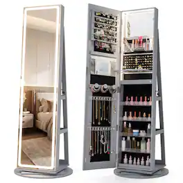 Costway - 360° Swivel Jewelry Cabinet with LED Lights, Full-Length Mirror & Makeup Mirror - Gray