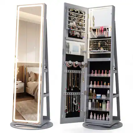 Front. Costway - Costway 360° Swivel Jewelry Cabinet with LED Lights, Full-Length Mirror & Makeup Mirror - Gray.