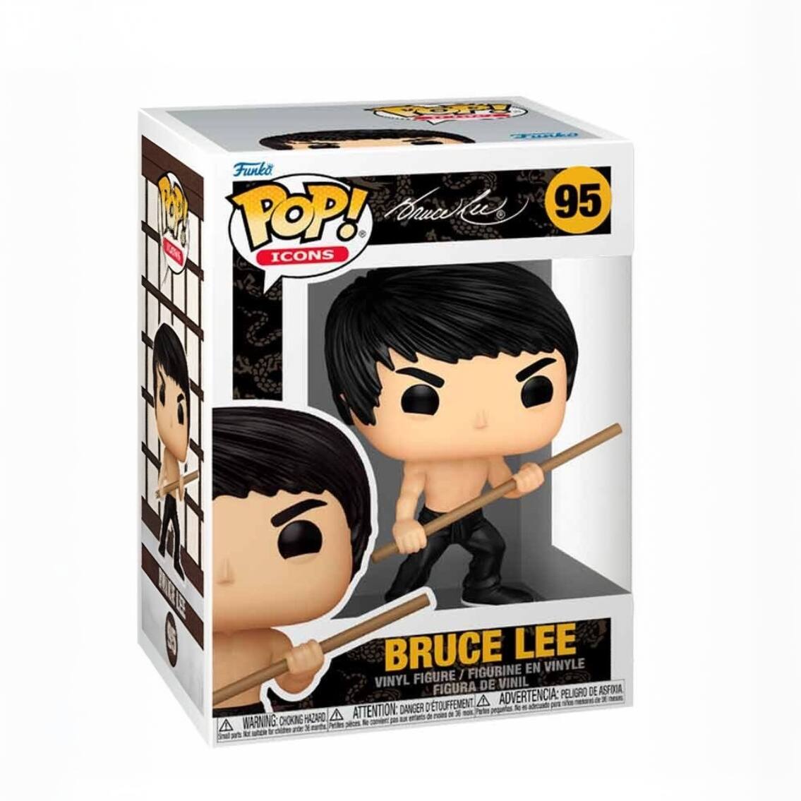 Funko POP!  
ICONS  

95  

BRUCE LEE  
VINYL FIGURE / FIGURINE EN VINYLE / FIGURA DE VINIL  

WARNING: CHOKING HAZARD - Small parts. Not for children under 3 years.  
ATTENTION: PELIGRO DE ASFIXIA - ADVERTENCIA: PEQUEÑOS OBJETOS. NO ES ADECUADO PARA NIÑOS MENORES DE 3 AÑOS.