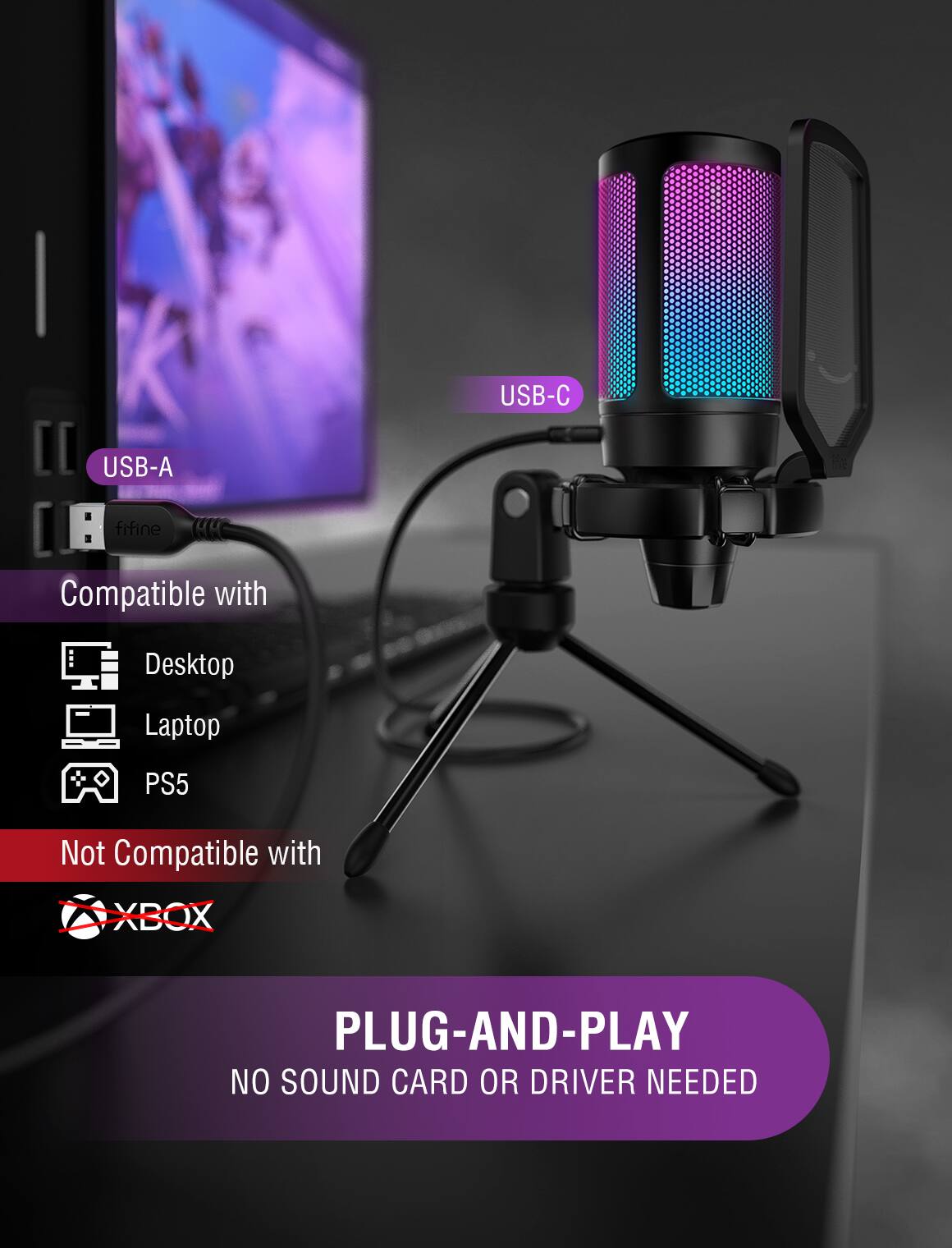 The text on the image reads: "USB-C USB-A fifine Compatible with Desktop Laptop PS5 Not Compatible with XBX PLUG-AND-PLAY NO SOUND CARD OR DRIVER NEEDED."