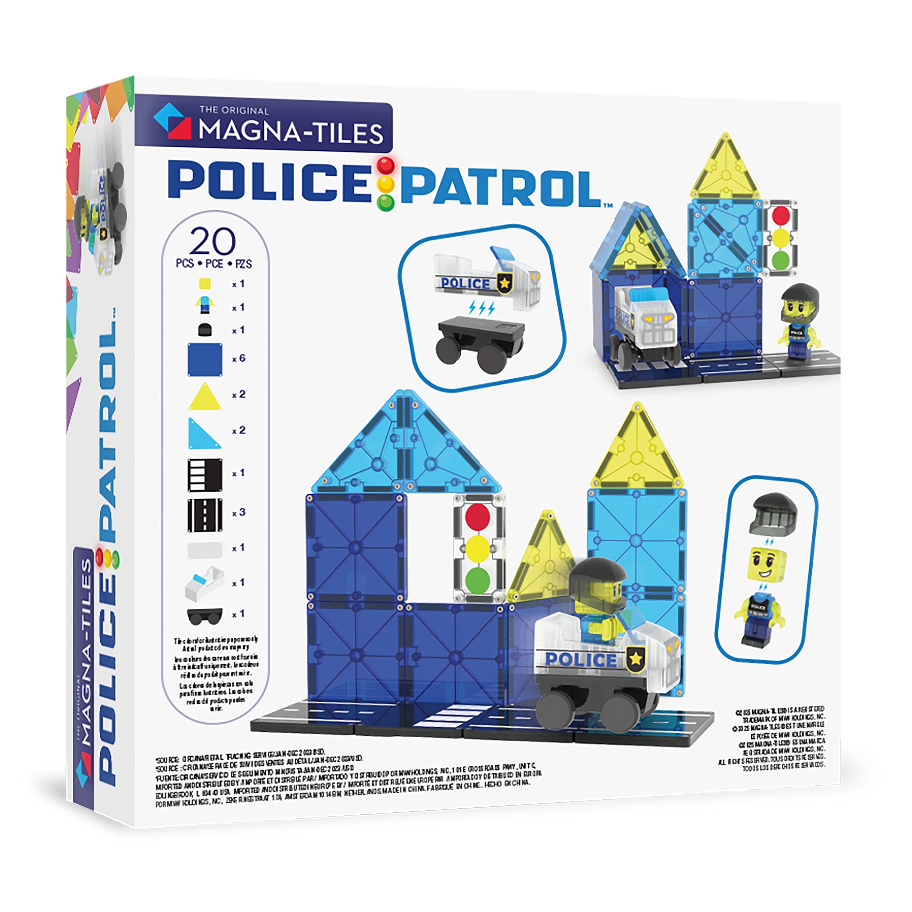 Sure, here is the corrected and grouped text from the image:

---

**THE ORIGINAL MAGNA-TILES**

**POLICE PATROL**

**20 PCS - PCE - PZS**

- **POLICE CAR**
  - x1

- **LIGHT**
  - x1

- **BLACK SQUARE**
  - x1

- **BLUE SQUARE**
  - x6

- **YELLOW TRIANGLE**
  - x2

- **BLUE TRIANGLE**
  - x2

- **BLACK RECTANGLE**
  - x1

- **BLACK SQUARE WITH 3 LINES**
  - x3

- **BLACK SQUARE WITH 2 LINES**
  - x1

- **BLACK SQUARE WITH 1 LINE**
  - x1

- **POLICE OFFICER FIGURE**
  - x1

- **POLICE HELMET**
  - x1

---

**MAGNA-TILES POLICE PATROL**

**THE ORIGINAL MAGNA-TILES**

**POLICE PATROL**

**20 PCS - PCE - PZS**

- **POLICE CAR**
  - x1

- **LIGHT**
  - x1

- **BLACK SQUARE**
  - x1

- **BLUE SQUARE