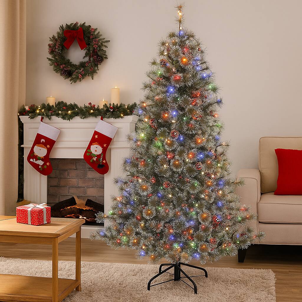 Front. BreeBe - Artificial Xmas Tree 6FT/7.5FT/9FT Pre-Lit with Hinged Design & Fast Power Connector - Green.