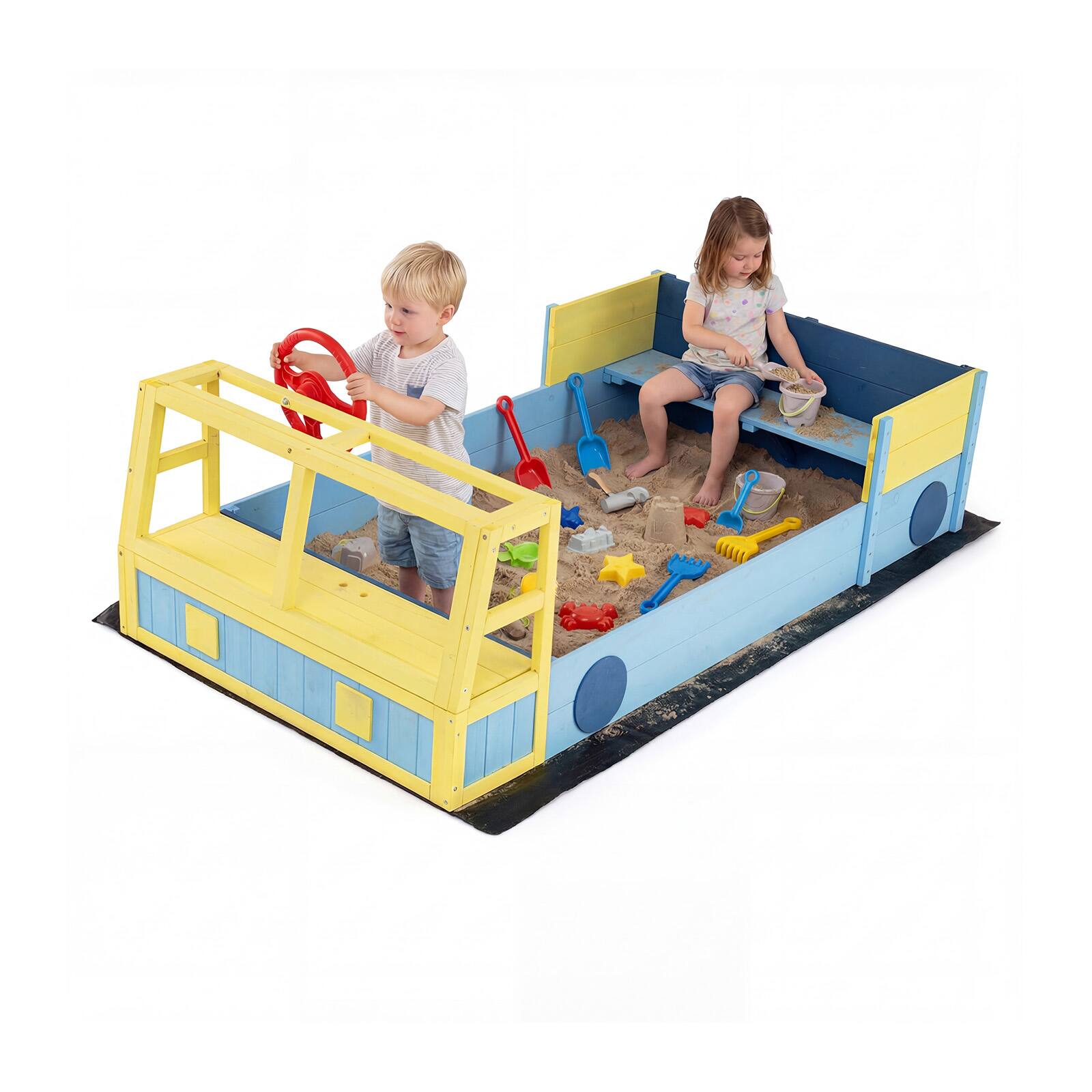 Front. Costway - Costway Kids Wooden Sandbox, Large Car-Theme Sand Box with Bottom Liner and Fir Wood Frame - Blue + Yellow.