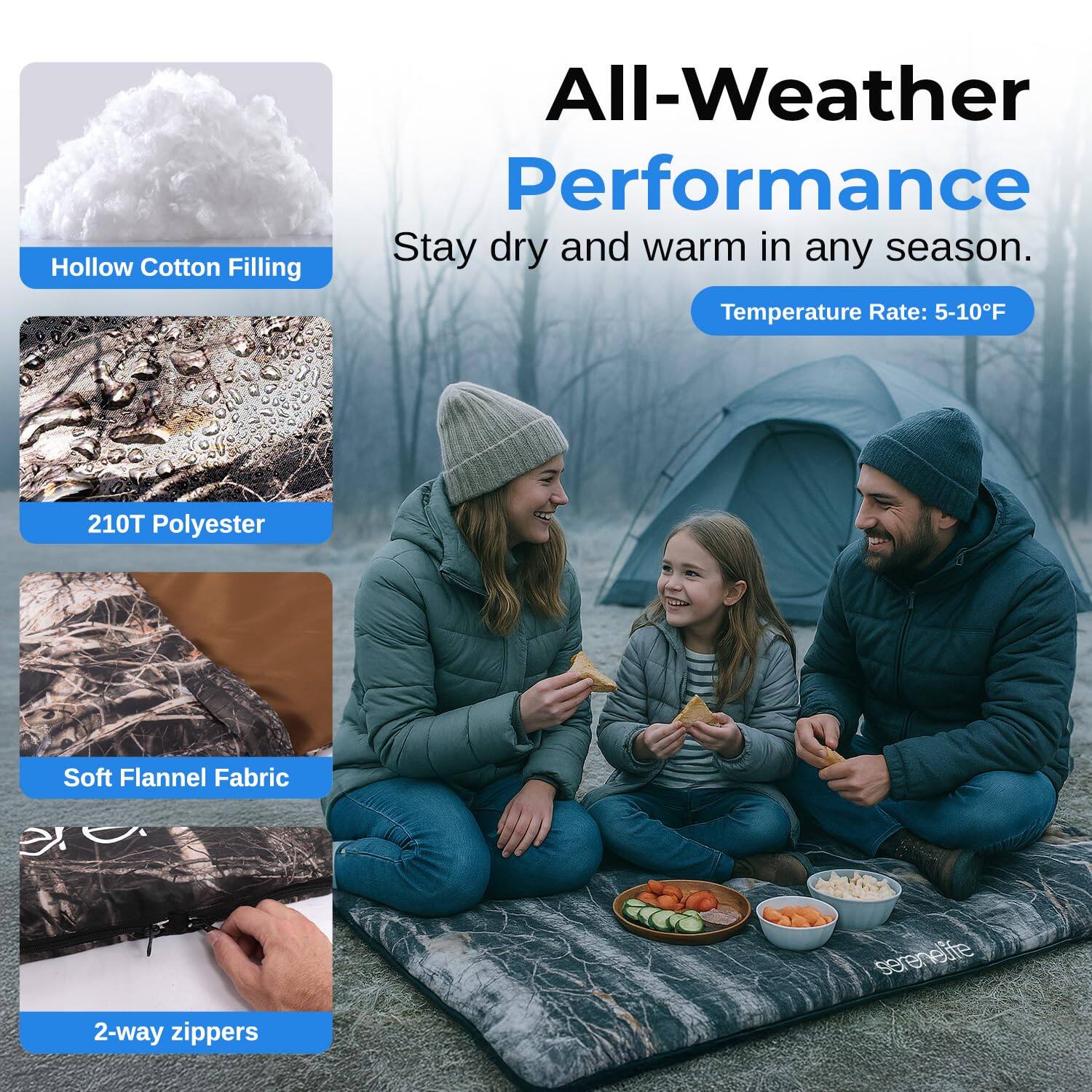All-Weather Performance  
Stay dry and warm in any season.  
Temperature Rate: 5-10°F  

- Hollow Cotton Filling  
- 210T Polyester  
- Soft Flannel Fabric  
- 2-way zippers