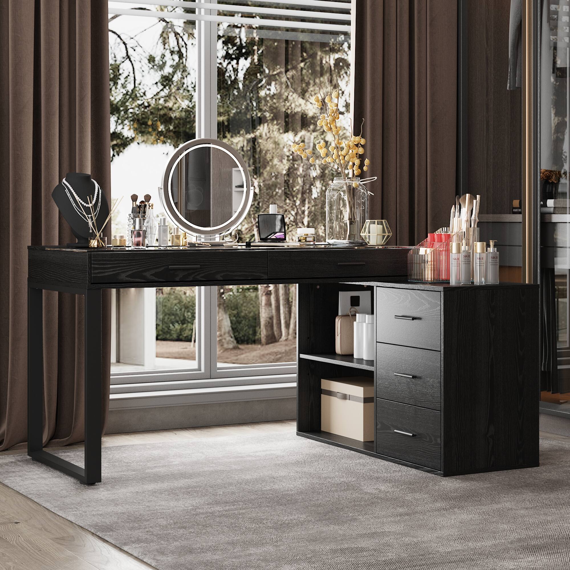 Alt View 2. Famapy - Famapy L - Shaped Desk with Glass Top: Modular, Organized & Stylish Workspace - Black.