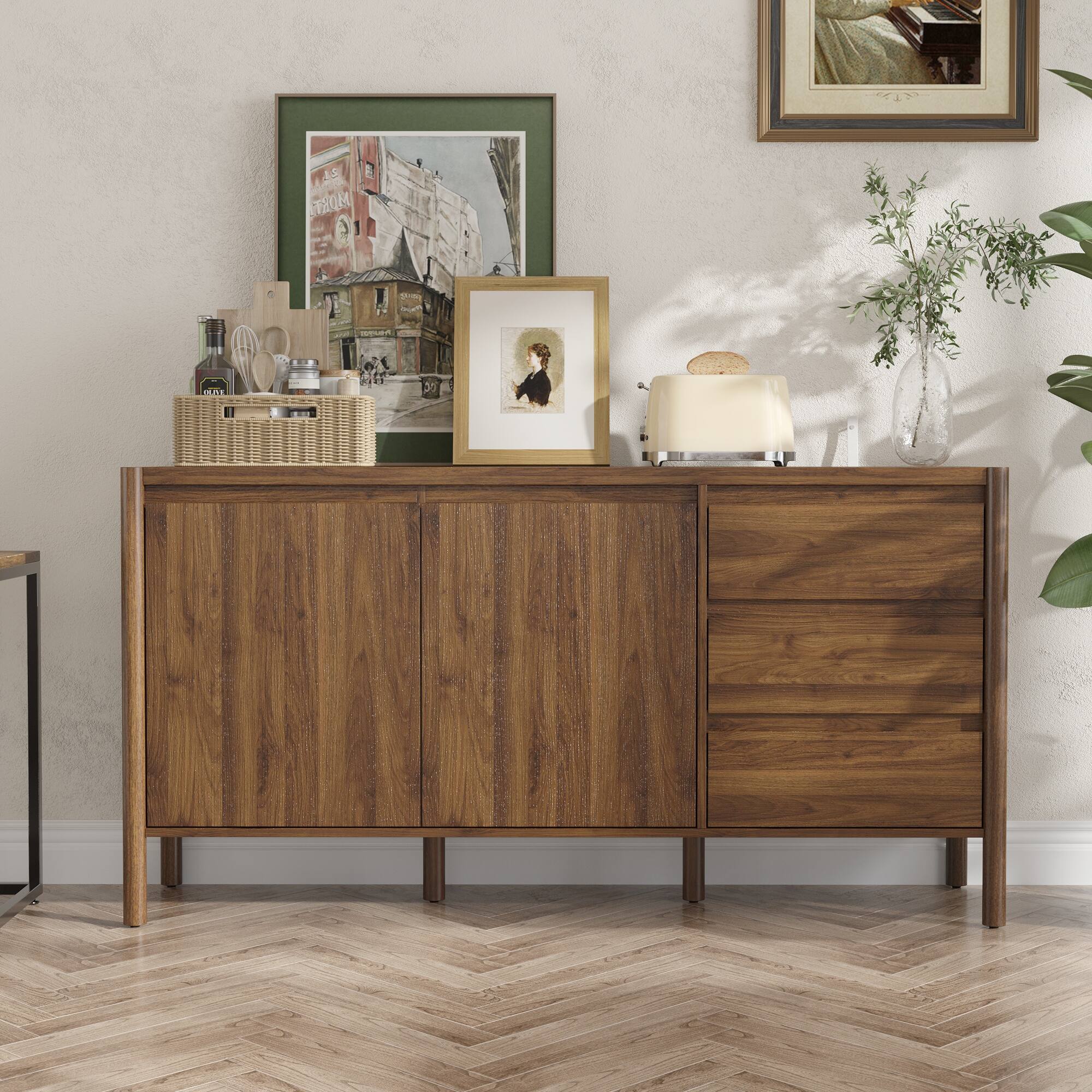 Alt View 9. Famapy - Famapy Wooden Buffet Cabinet: Solid Rubberwood Legs + Eco - Friendly Storage - Brown.