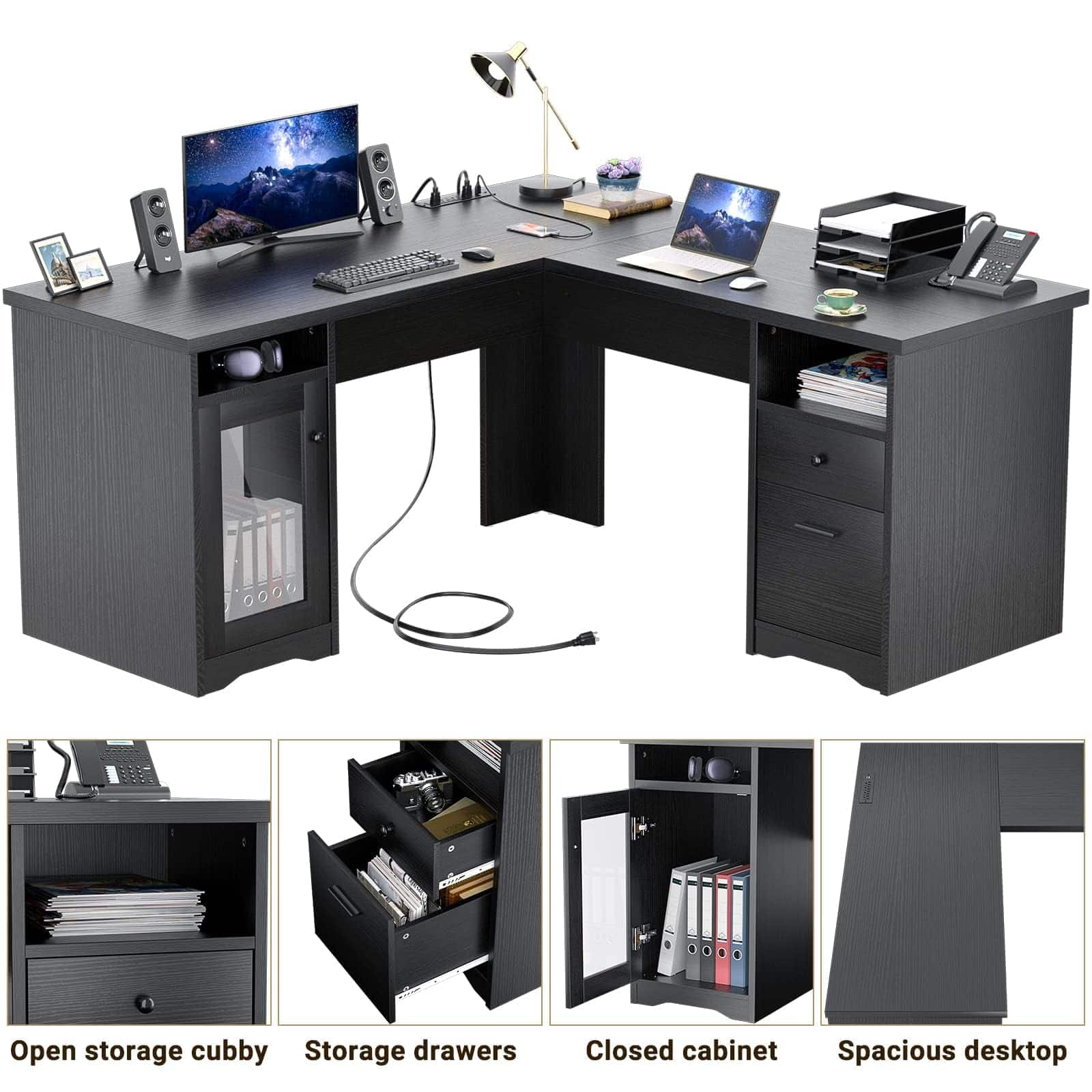 Aheaplus - 60"L-Shaped Corner Desk - Sturdy 2-Person Executive Desk with Storage/File Cabinets & Power/USB Ports - Black