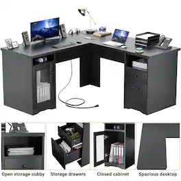 Aheaplus - 60"L-Shaped Corner Desk - Sturdy 2-Person Executive Desk with Storage/File Cabinets & Power/USB Ports - Black