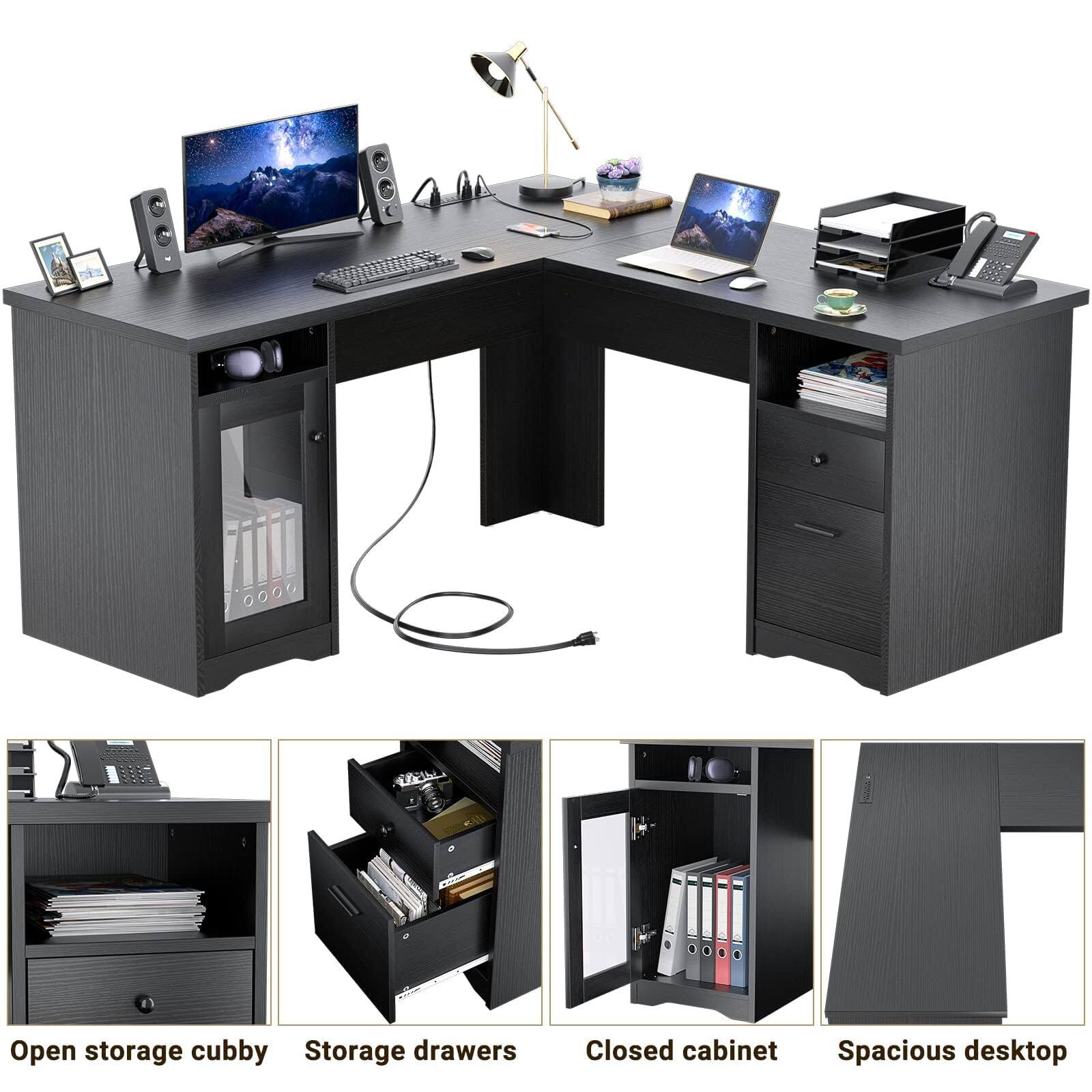 - Open storage cubby
- Storage drawers
- Closed cabinet
- Spacious desktop