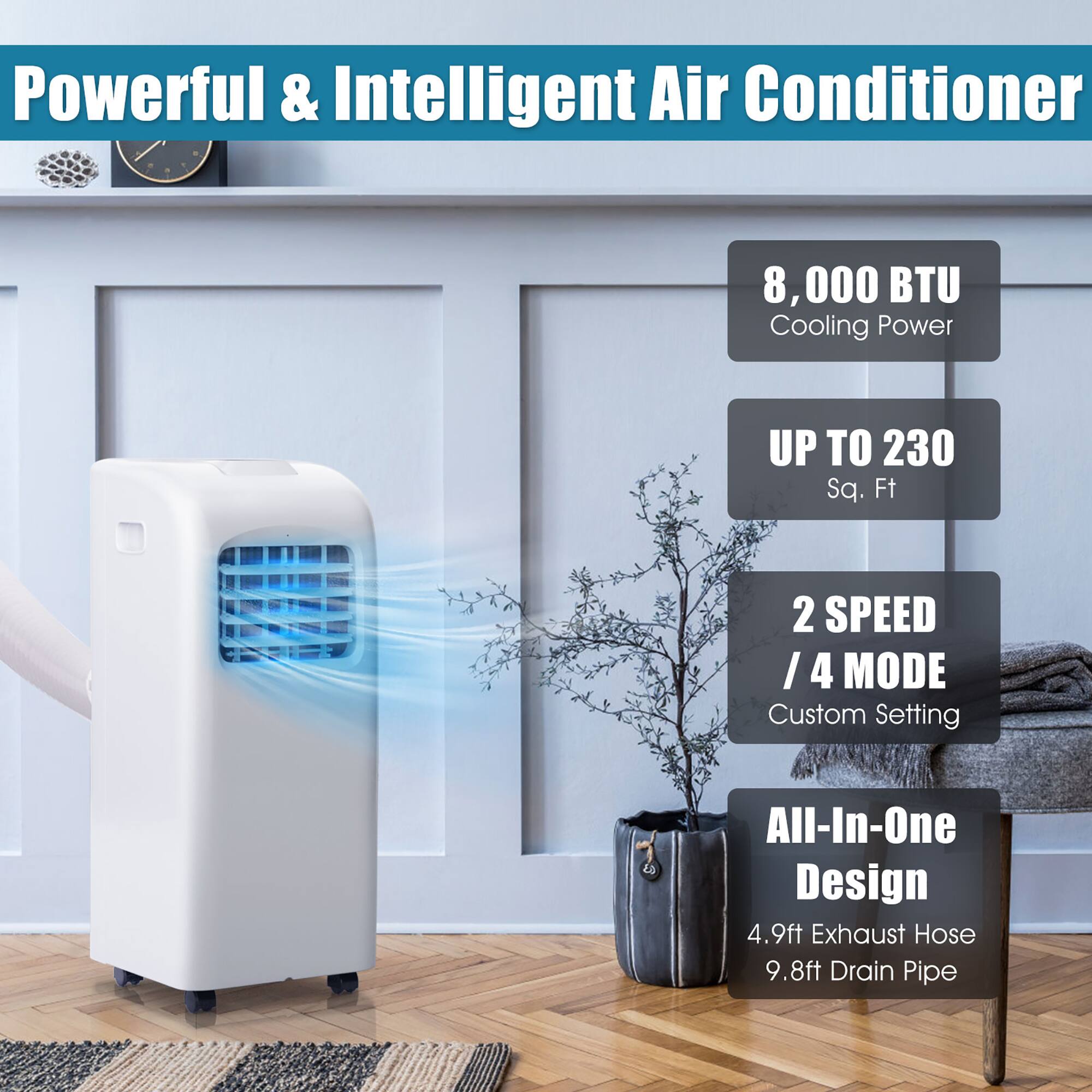 Powerful & Intelligent Air Conditioner: 8,000 BTU Cooling Power, UP TO 230 Sq. Ft, 2 SPEED, I 4 MODE, Custom Setting, All-In-One Design, 4.9ft Exhaust Hose, 9.8ft Drain Pipe.
