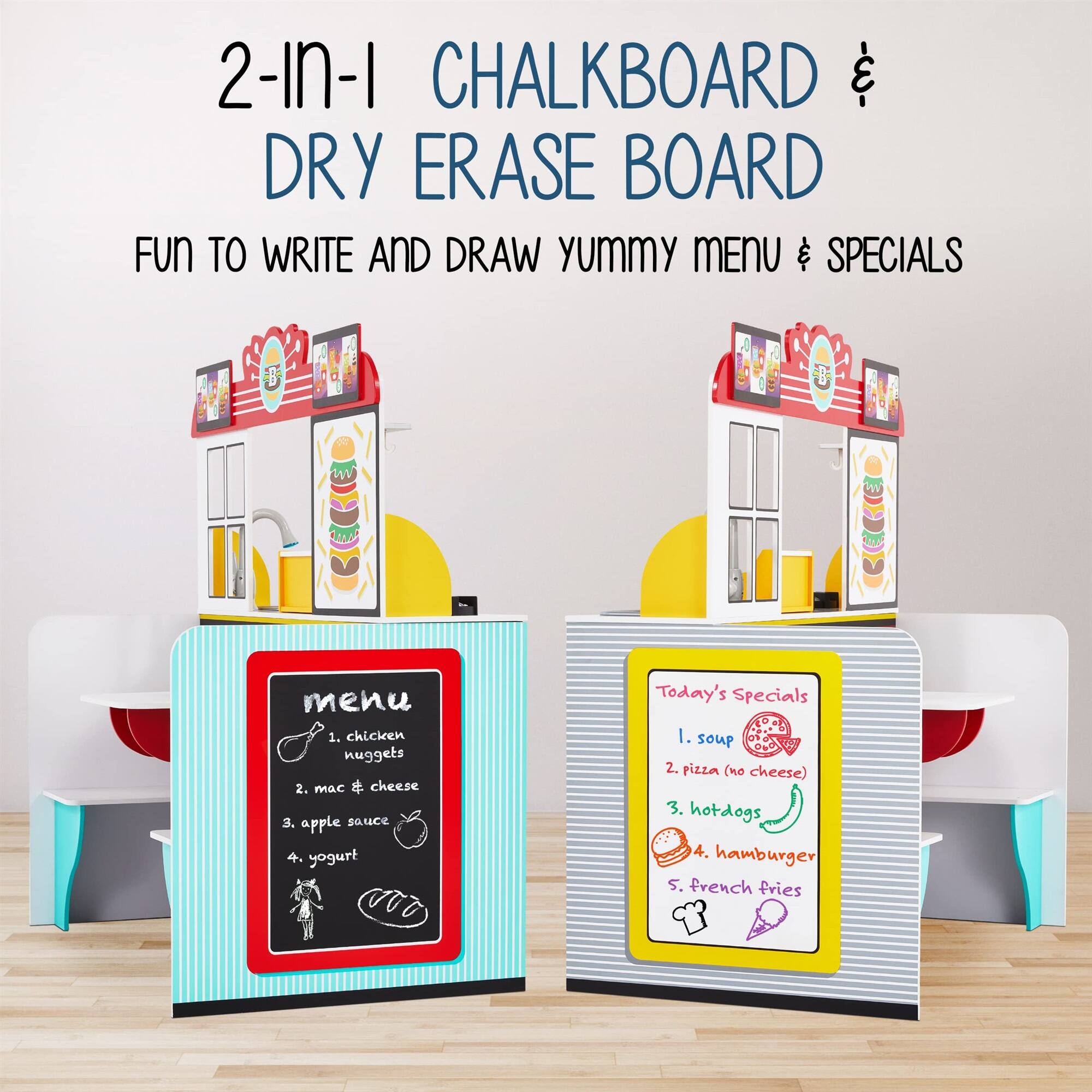 menu 1. chicken nuggets 2. mac & cheese 3. apple sauce 4. yogurt
Today's Specials 1. soup 2. pizza (no cheese) 3. hotdogs 4. hamburger 5. french fries