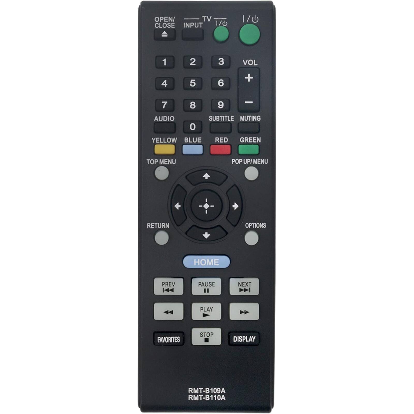 OPEN/CLOSE
TV
INPUT 1 2 3 4 5 6 7 8 9 0
VOL + -
AUDIO SUBTITLE MUTING
YELLOW BLUE RED GREEN
TOP MENU
POP UP/MENU
RETURN OPTIONS HOME PREV PAUSE NEXT PLAY FAVORITES STOP DISPLAY
RMT-B109A RMT-B110A