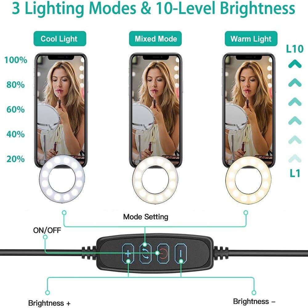 3 Lighting Modes & 10-Level Brightness

Cool Light  
100%  
80%  
60%  
40%  
20%

Mixed Mode

Warm Light

Mode Setting

ON/OFF

Brightness +

Brightness -

L10  
L1