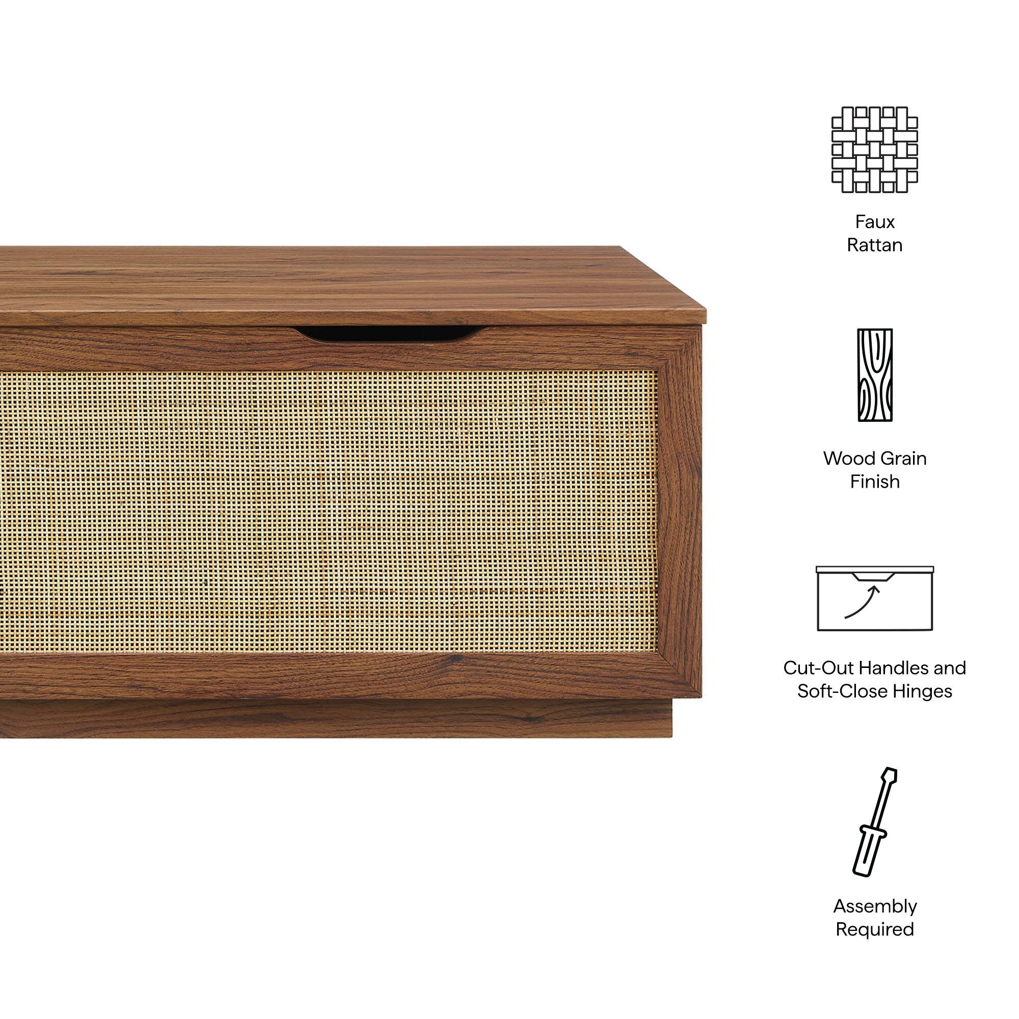 Faux Rattan  
Wood Grain Finish  
Cut-Out Handles and Soft-Close Hinges  
Assembly Required