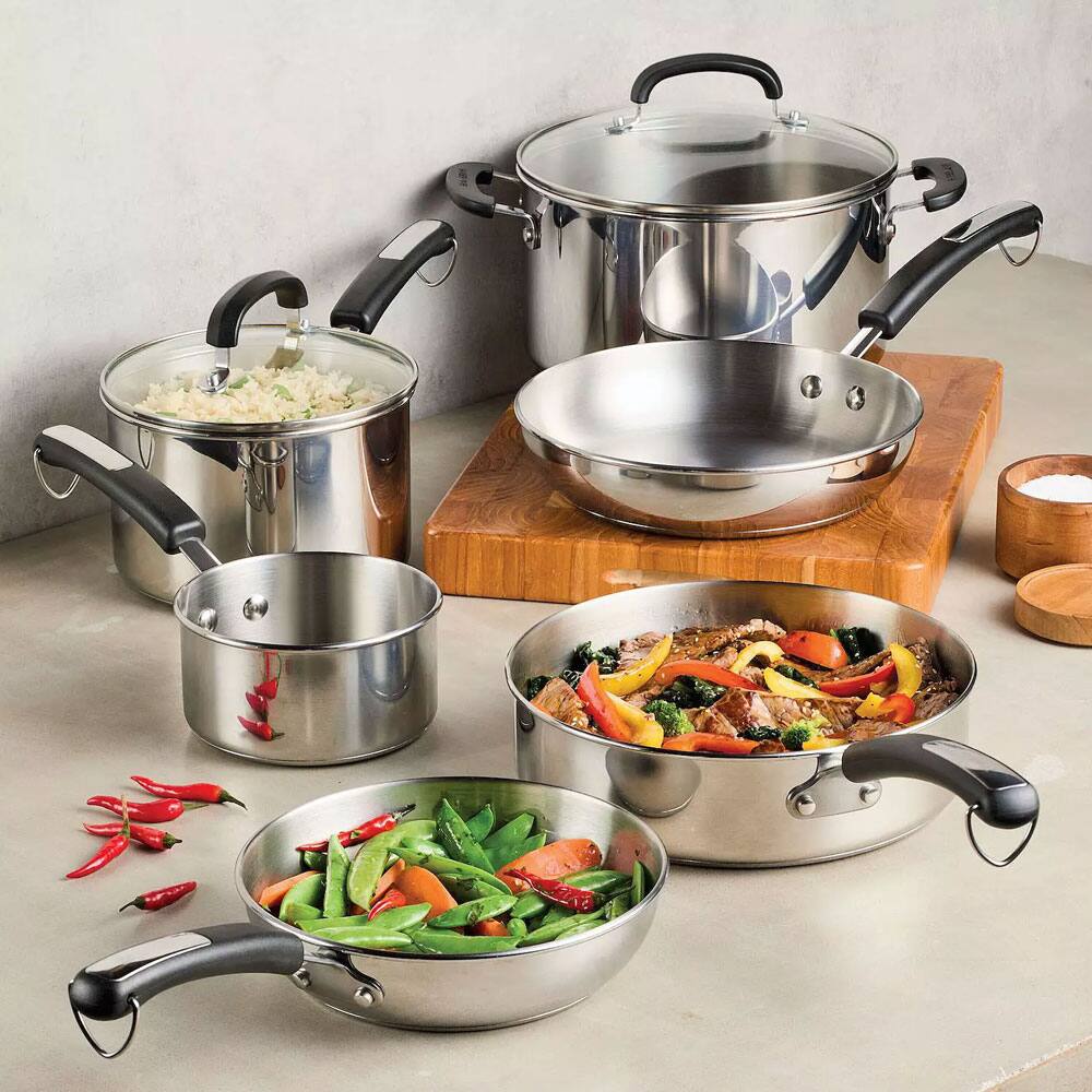 Left. Farberware - Brilliance 10-Piece Cookware Set - Stainless Steel.