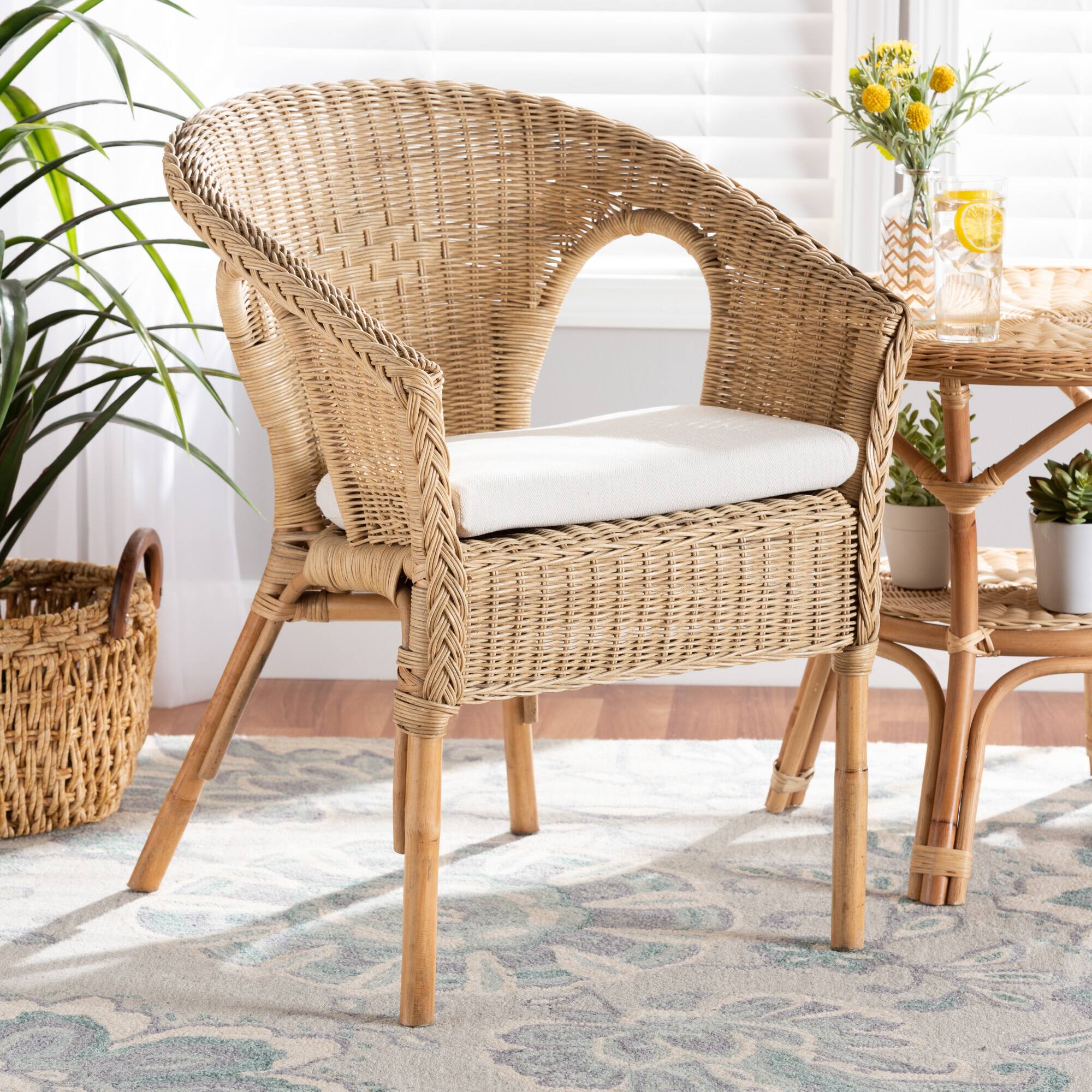 Alt View 4. bali & pari - Abbey Modern Bohemian Antique Rattan Dining Chair - White/Natural Brown.