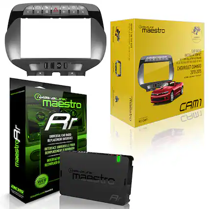 **iDatalink Maestro**
**What's in the Box:**
- CAR RADIO INSTALLATION KIT
- UNIVERSAL CAR RADIO REPLACEMENT INTERFACE
- INTERFACE UNIVERSELLE POUR REMPLACEMENT D'AUTORADIO
- INTERFAZ DE REEMPLAZO DE AUTORADIO
**Features:**
- OEM Features
- Satellite Radio
- Web Interface
- Bluetooth
- USB
- SD Card
**Compatibility:**
- Chevrolet Camaro 2010-2015
**Website:**
- idatalink.com/maestro
**Model:**
- KIT-CAM1
**Product Code:**
- KIT-CVM1