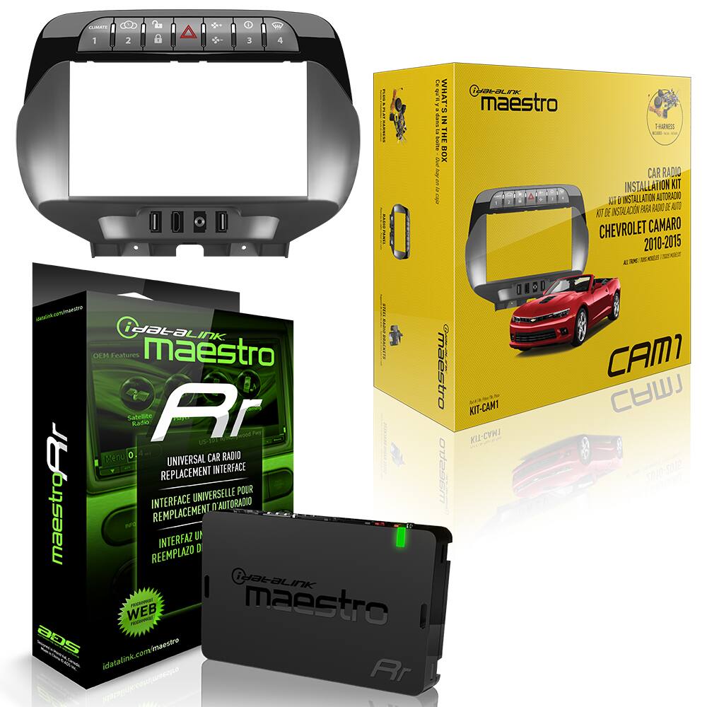 **iDatalink Maestro**

**What's in the Box:**

- CAR RADIO INSTALLATION KIT
- UNIVERSAL CAR RADIO REPLACEMENT INTERFACE
- INTERFACE UNIVERSELLE POUR REMPLACEMENT D'AUTORADIO
- INTERFAZ DE REEMPLAZO DE AUTORADIO

**Features:**

- OEM Features
- Satellite Radio
- Web Interface
- Bluetooth
- USB
- SD Card

**Compatibility:**

- Chevrolet Camaro 2010-2015

**Website:**

- idatalink.com/maestro

**Model:**

- KIT-CAM1

**Product Code:**

- KIT-CVM1