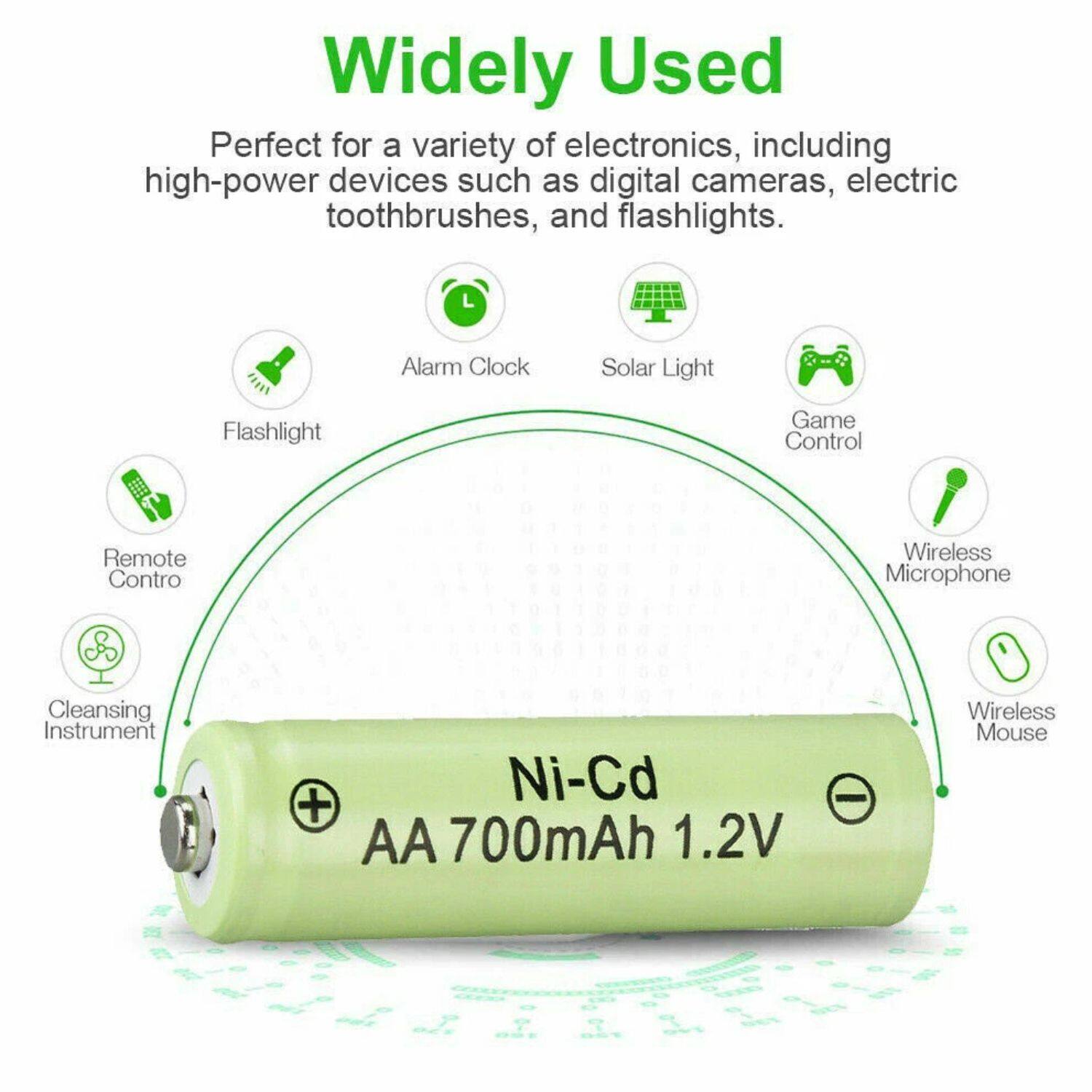 Widely Used

Perfect for a variety of electronics, including high-power devices such as digital cameras, electric toothbrushes, and flashlights.

- Alarm Clock
- Solar Light
- Game Control
- Wireless Microphone
- Wireless Mouse
- Remote Control
- Flashlight
- Cleansing Instrument

Ni-Cd AA 700mAh 1.2V