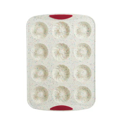 Front. Trudeau - Structure Silicone 12 Cavity Decorated Donut Pan, Confetti/Fuchsia - White.