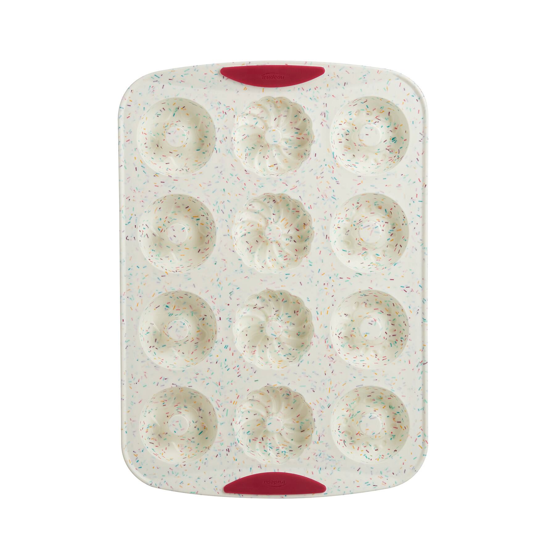 Front. Trudeau - Structure Silicone 12 Cavity Decorated Donut Pan, Confetti/Fuchsia - White.