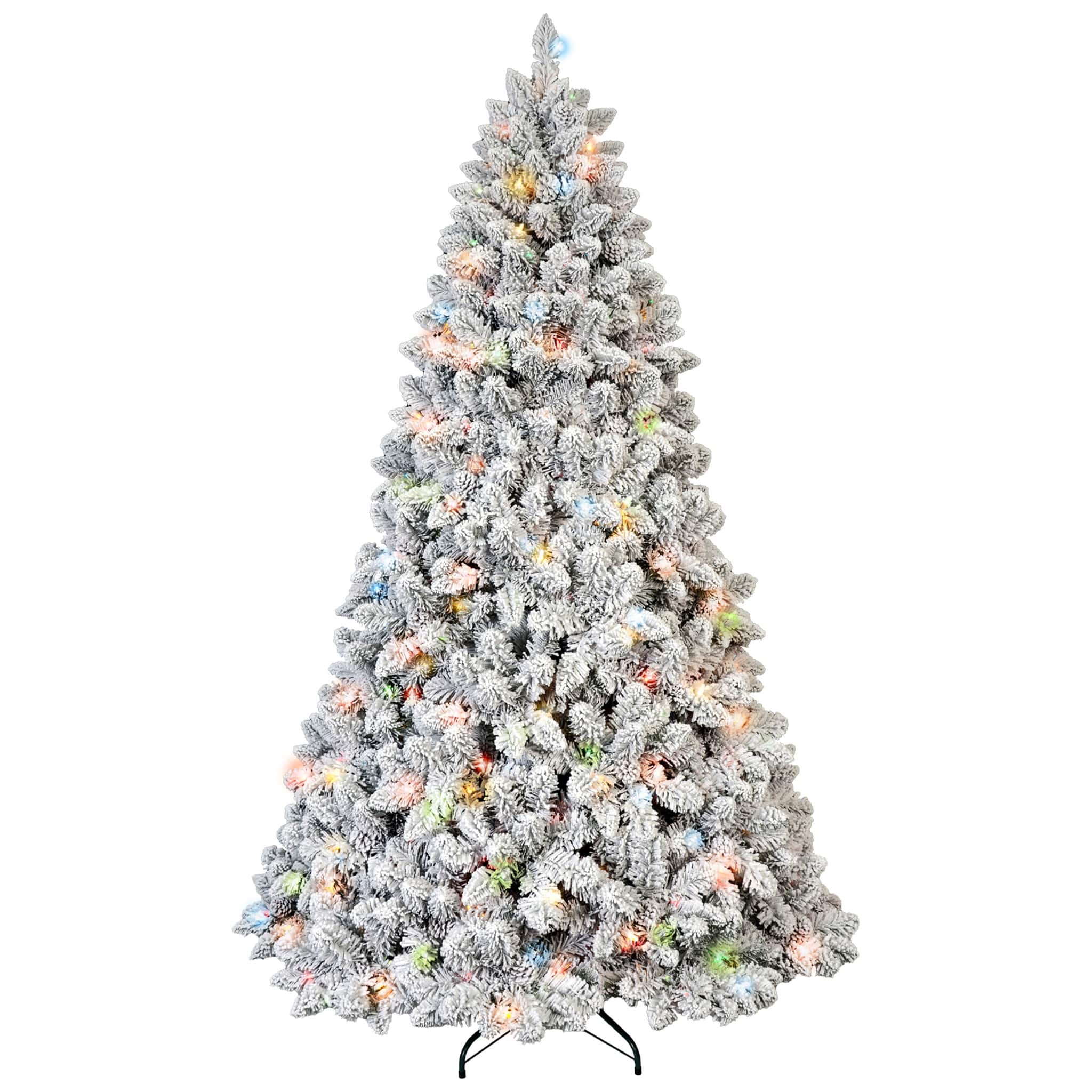 Forest'nSky - 6 ft. Pre-Lit Flocked Christmas Tree with 350 Colorful UL Lights, 36 Pine Cones, 888 Tips and Metal Stand - Green, White