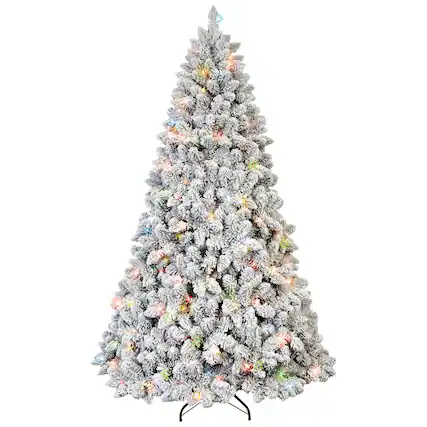 Front. Forest'nSky - 6 ft. Pre-Lit Flocked Christmas Tree with 350 Colorful UL Lights, 36 Pine Cones, 888 Tips and Metal Stand - Green, White.