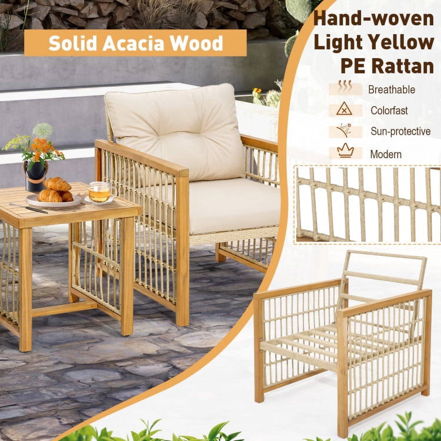 Solid Acacia Wood  
Hand-woven Light Yellow PE Rattan  
Breathable  
Colorfast  
Sun-protective  
Modern