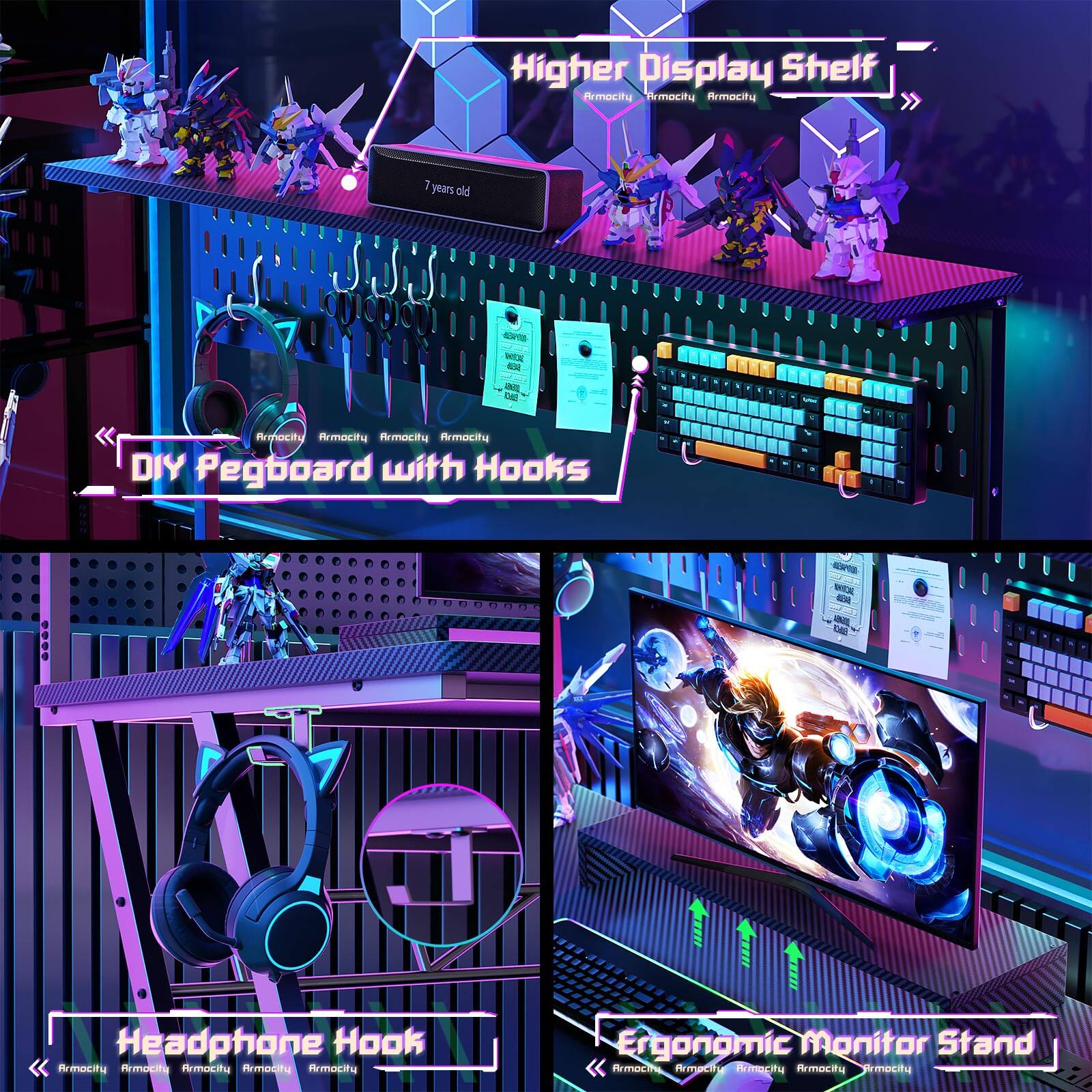 Higher Display Shelf  
DIY Pegboard with Hooks  
Headphone Hook  
Ergonomic Monitor Stand