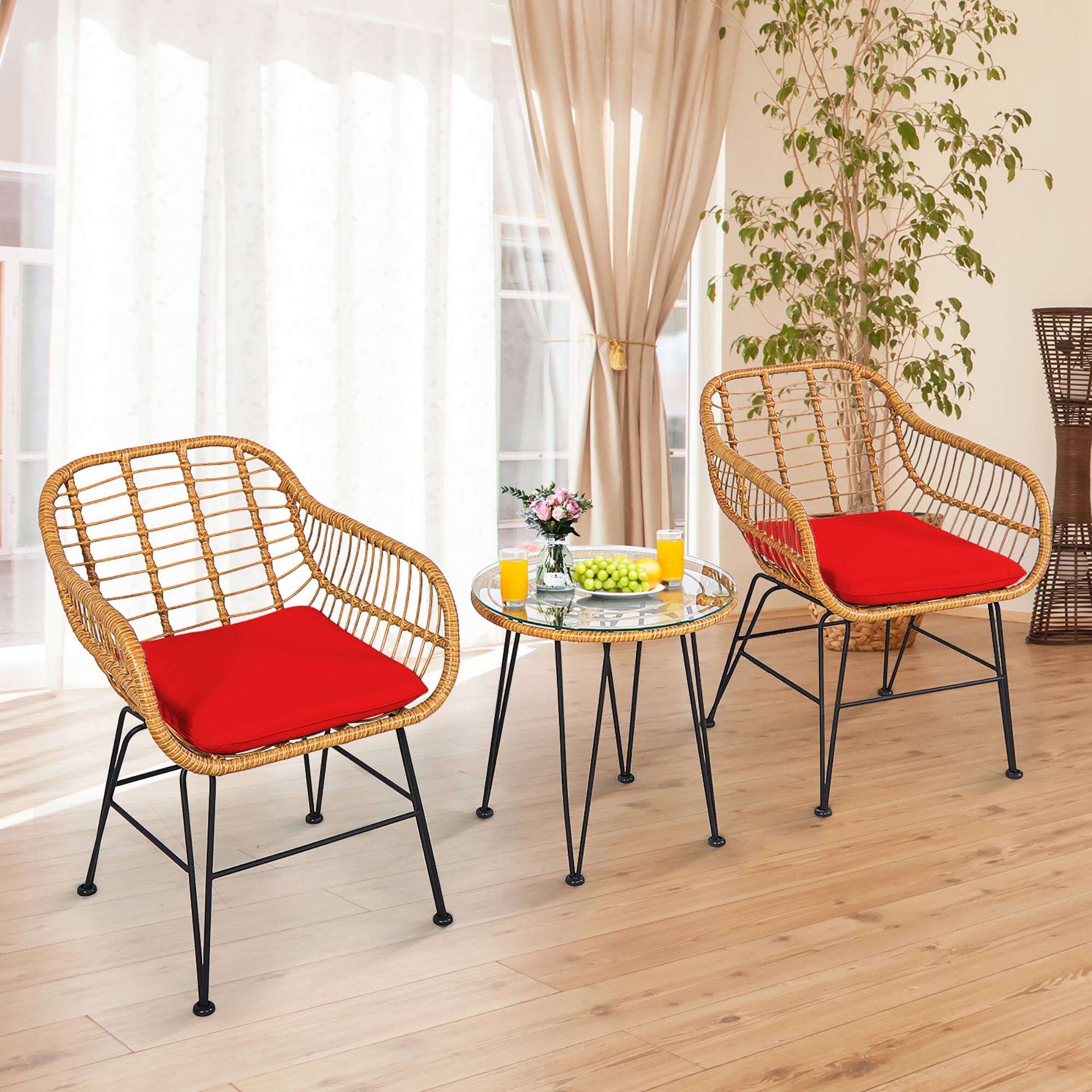 Alt View 4. Costway - Costway 3PCS Patio Rattan Bistro Furniture Set Cushioned Chair Table - Red.