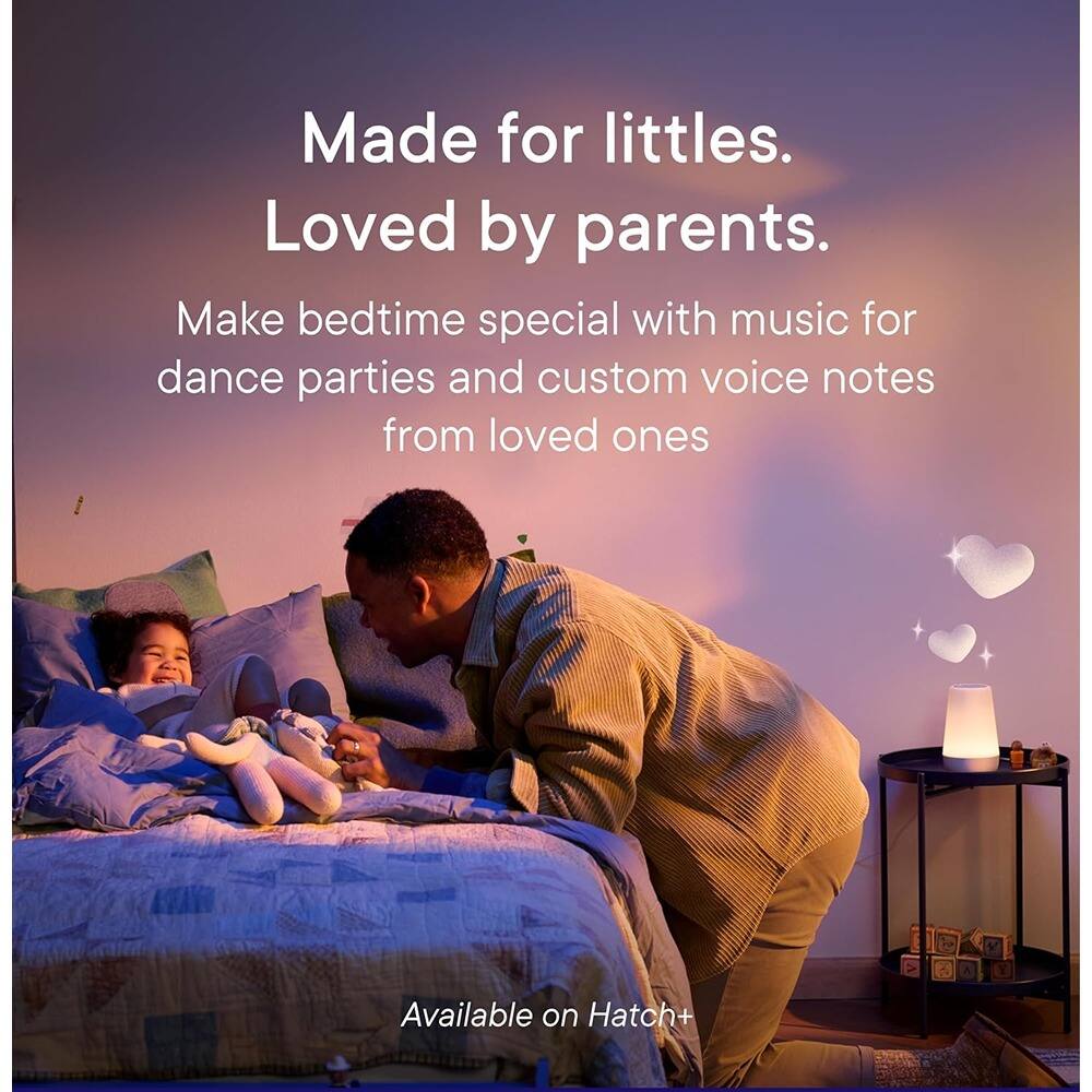 Made for littles.  
Loved by parents.  

Make bedtime special with music for dance parties and custom voice notes from loved ones  

Available on Hatch+
