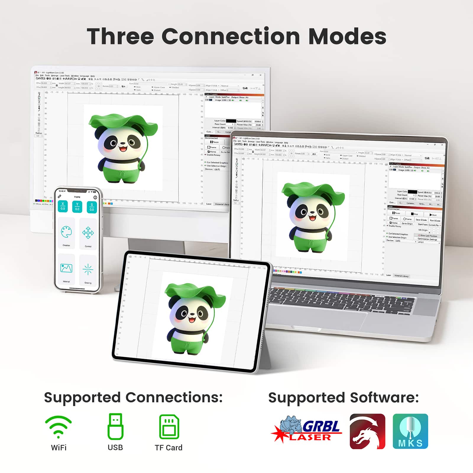 Three Connection Modes
Supported Connections:
- WiFi
- USB
- TF Card
Supported Software:
- GRBL
- LASER
- MKS