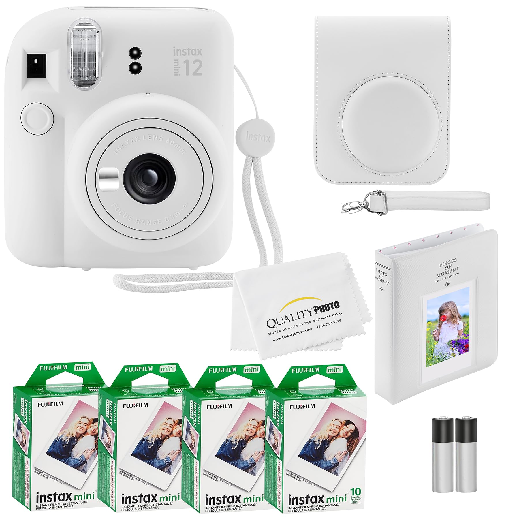 Fujifilm - Instax Mini 12 Instant Camera with Case 40 Fuji Films Decoration Stickers Frames Photo Album and More Accessory kit - Clay White