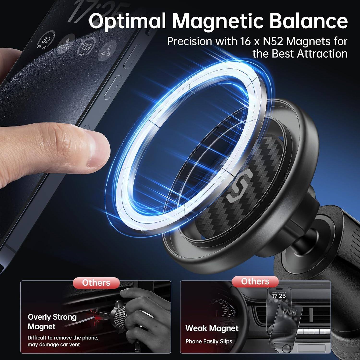 17:30 Optimal Magnetic Balance  
32 Y Precision with 16 x N52 Magnets for the Best Attraction

Others  
Others  
Mode 17:25  
200'.  
Overly Strong Magnet  
Difficult to remove the phone, may damage car vent  
100g 2000 Weak Magnet  
Phone Easily Slips