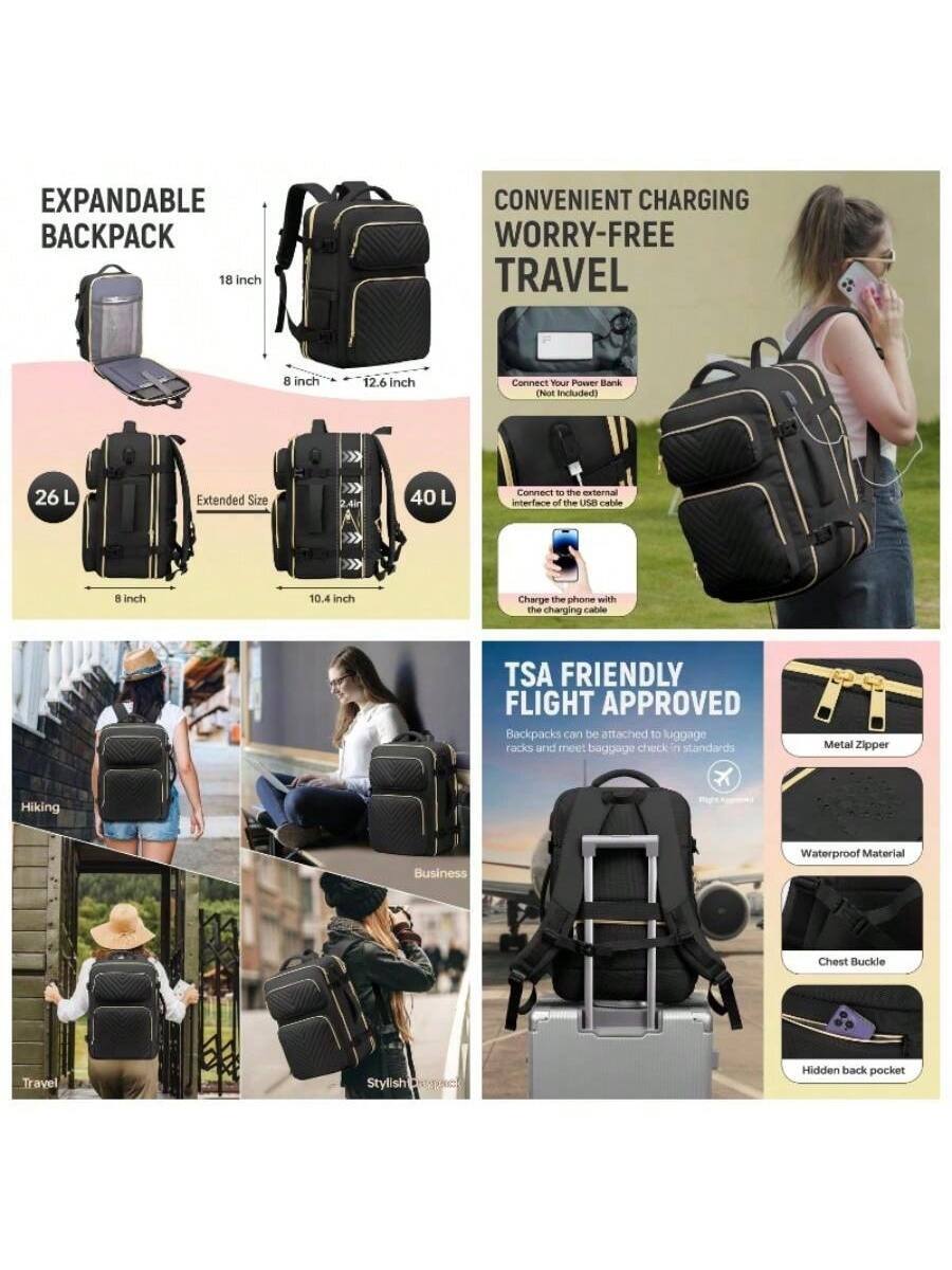 **EXPANDABLE BACKPACK**

- 18 inch
- 8 inch
- 12.6 inch
- 26 L
- Extended Size
- 40 L
- 8 inch
- 10.4 inch

**CONVENIENT CHARGING WORRY-FREE TRAVEL**

- Connect Your Power Bank (Not included)
- Connect to the external interface of the USB cable
- Charge the phone with the charging cable

**TSA FRIENDLY FLIGHT APPROVED**

- Backpacks can be attached to luggage racks and meet baggage check-in standards
- Metal Zipper
- Waterproof Material
- Chest Buckle
- Hidden back pocket

**Hiking**
**Business**
**Travel**
**Stylish**