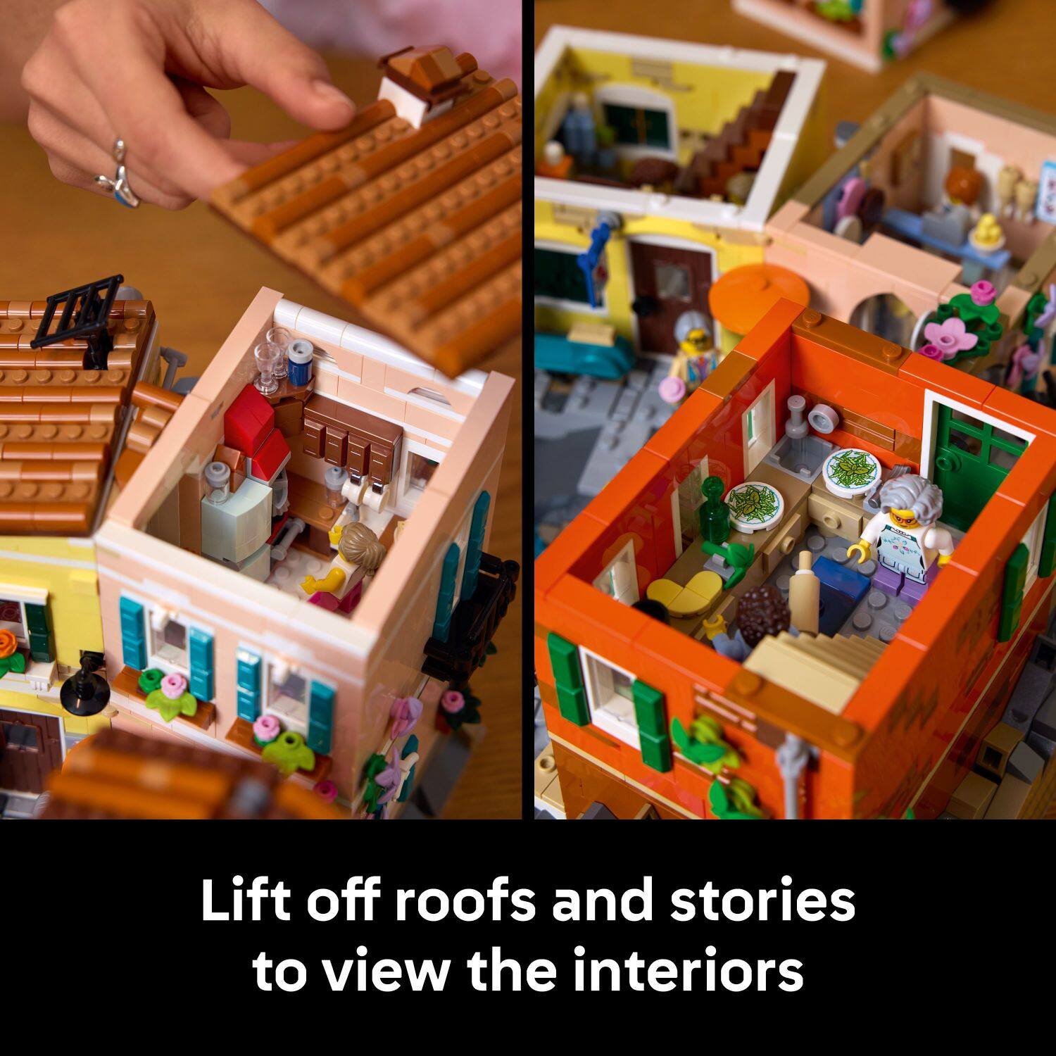 Lift off roofs and stories to view the interiors