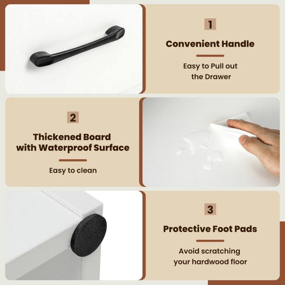 1. Convenient Handle: Easy to Pull out the Drawer  
2. Thickened Board with Waterproof Surface: Easy to clean  
3. Protective Foot Pads: Avoid scratching your hardwood floor