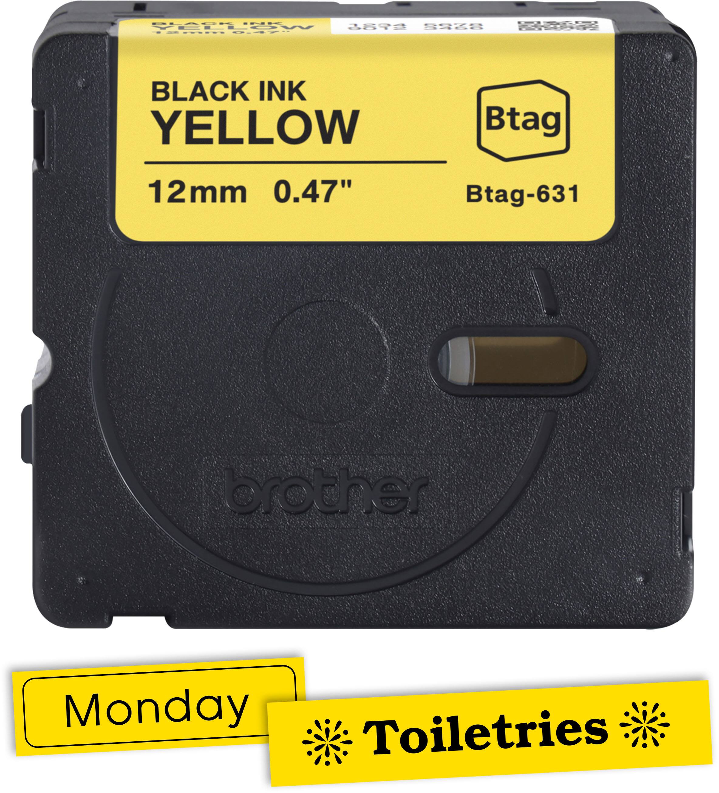 Sure, here is the corrected and grouped text from the image:

---

**BLACK INK YELLOW**  
12mm 0.47"  
Btag-631  

**Monday Toiletries**  

---

**Btag**  
**brother**  

---