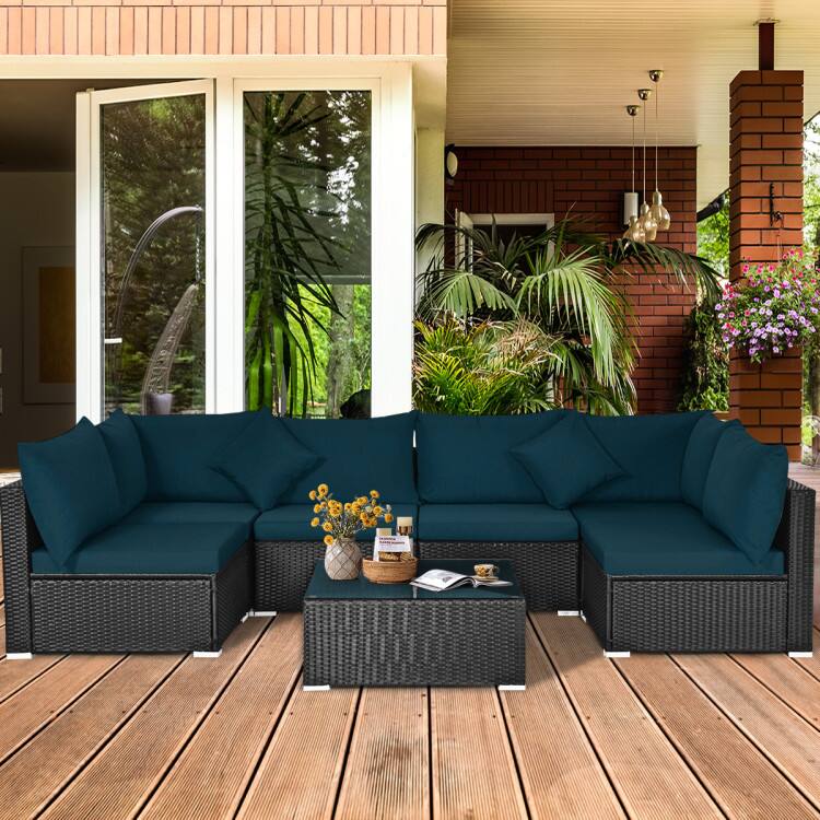 Left. Mondawe - 7-Piece Sectional Wicker Sofa Set w/ Tempered Glass Table, Outdoor Patio Conversation Set with Cushions - Dark Green.