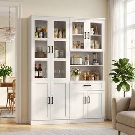 Aheaplus - 47.2'' Width Pantry Cabinet, 80'' Tall Food Cupboard with Drawer, Adjustable Shelves, and Glass Doors, 2 Packs - Off White
