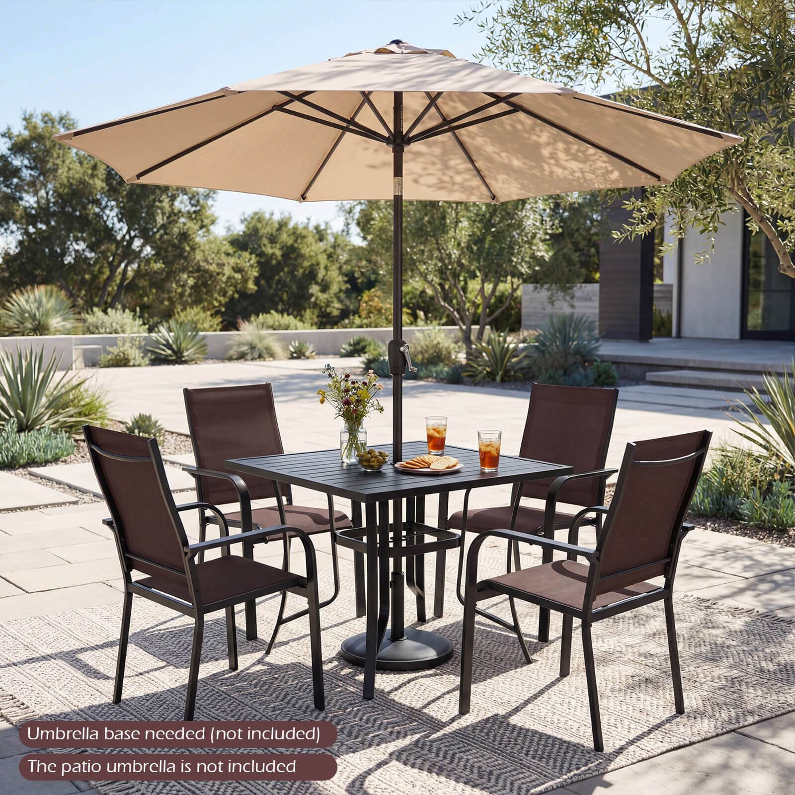 Umbrella base needed (not included)  
The patio umbrella is not included