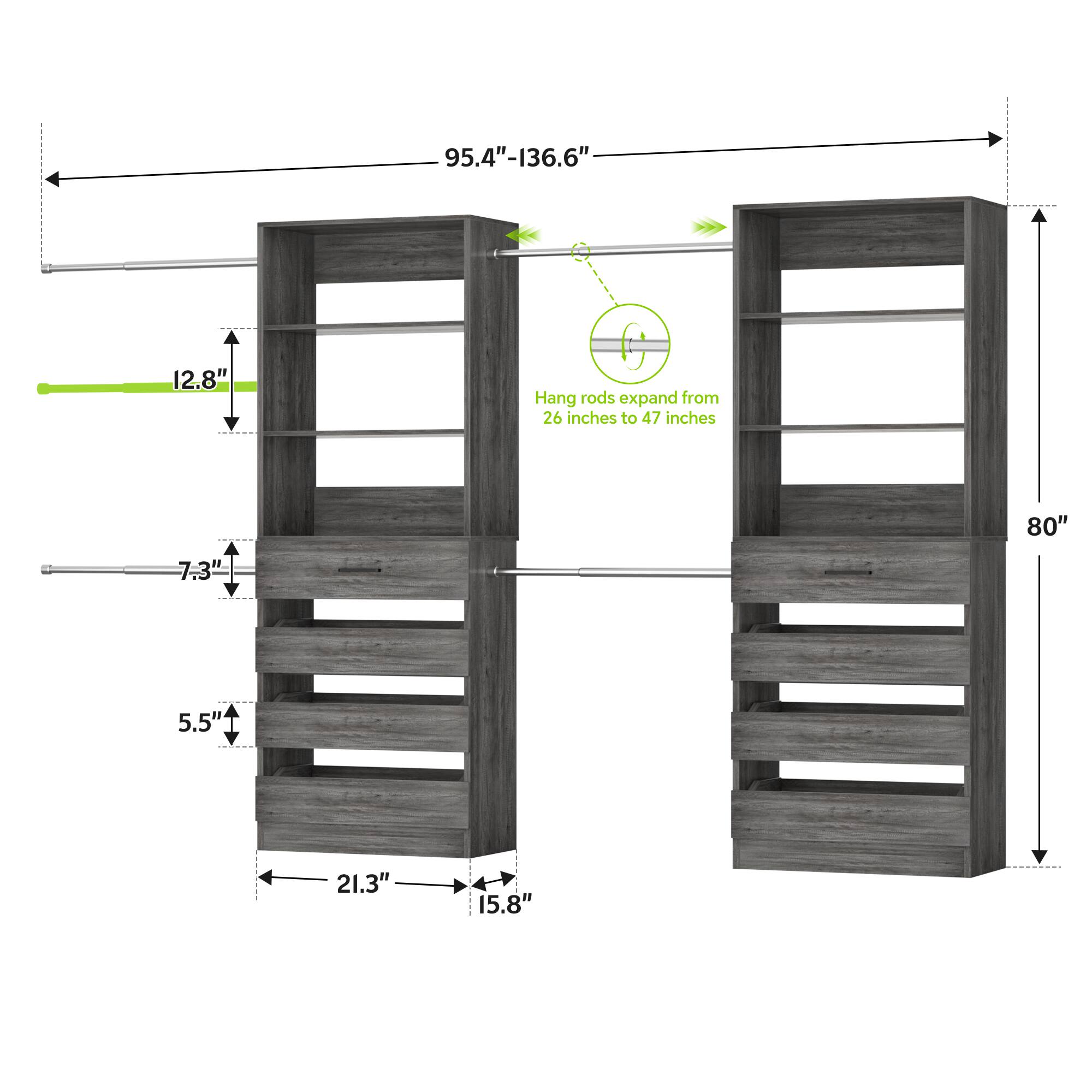 95.4"-136.6"  
12.8"  
Hang rods expand from 26 inches to 47 inches  
80"  
7.3"  
5.5"  
21.3"  
15.8"