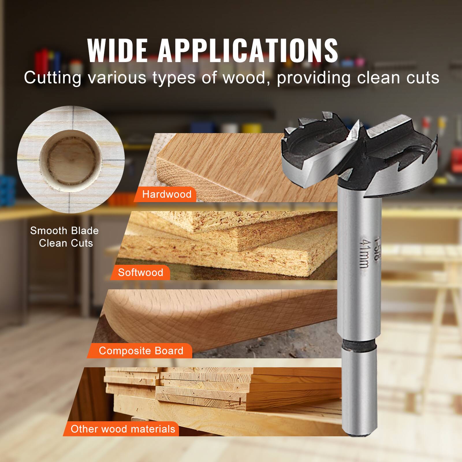 WIDE APPLICATIONS  
Cutting various types of wood, providing clean cuts  

- Hardwood  
- Softwood  
- Composite Board  
- Other wood materials  

Smooth Blade  
Clean Cuts  

41mm