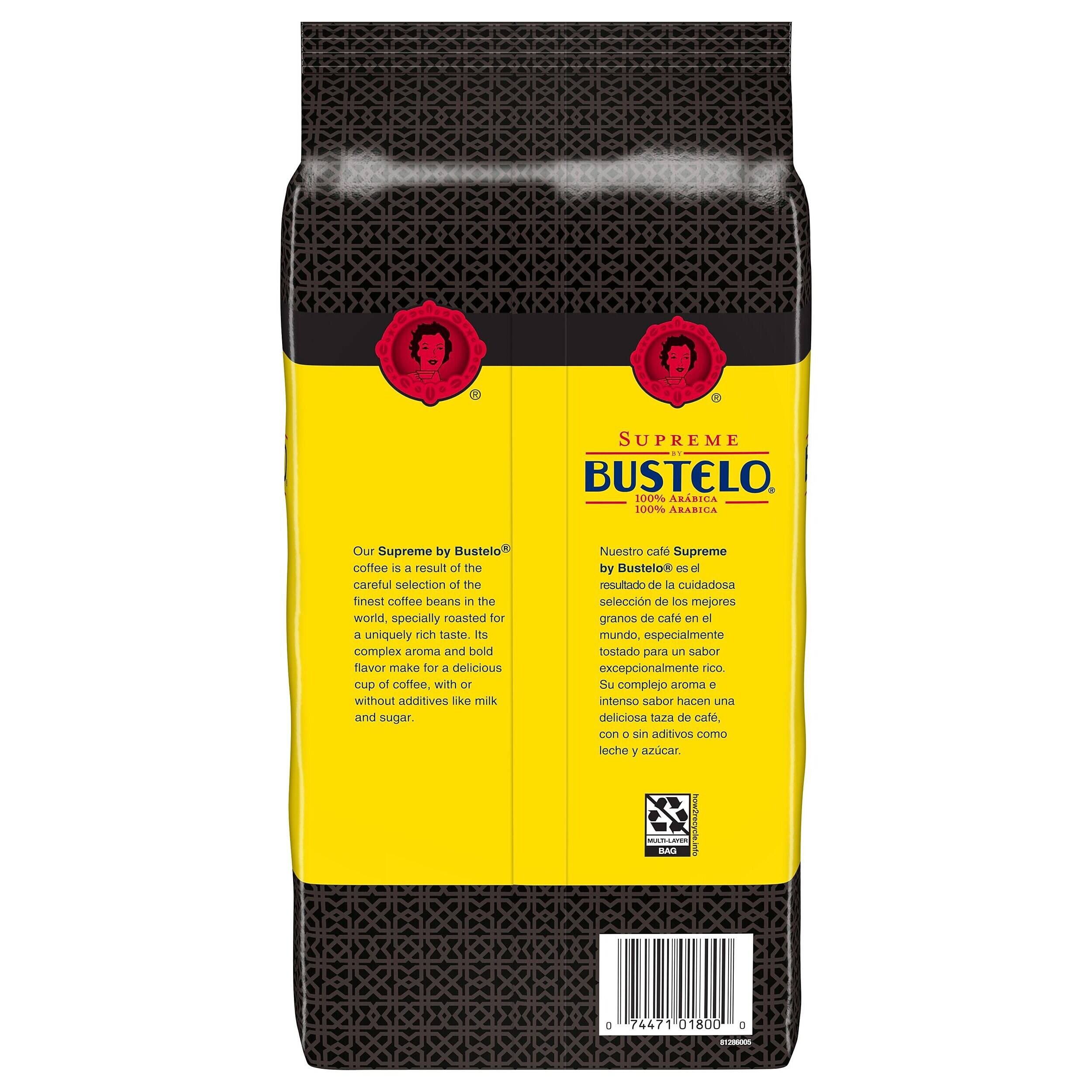 SUPREME : BUSTELO. 100% ARABICA

Our Supreme by Bustelo coffee is a result of the careful selection of the finest coffee beans in the world. Specially roasted for a uniquely rich taste, its complex aroma and bold flavor make for a delicious cup of coffee, with or without additives like milk and sugar.

Nuestro café Supreme by Bustelo es el resultado de la cuidadosa selección de los mejores granos de café en el mundo, especialmente tostado para un sabor excepcionalmente rico. Su complejo aroma a intenso sabor hacen una deliciosa taza de café, con o sin aditivos como leche y azúcar.

DAE a 74471 01800