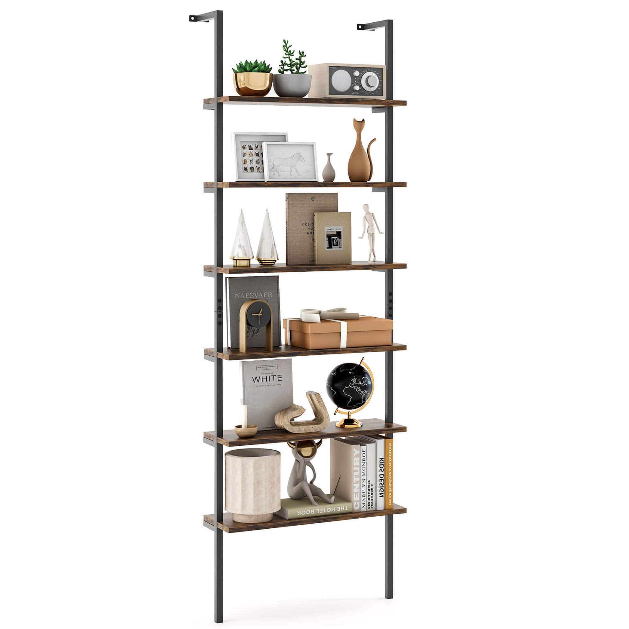 Costway - 6-tier Ladder Shelf 72 Inches Industrial Wall Mounted Bookshelf Brown - Rustic Brown