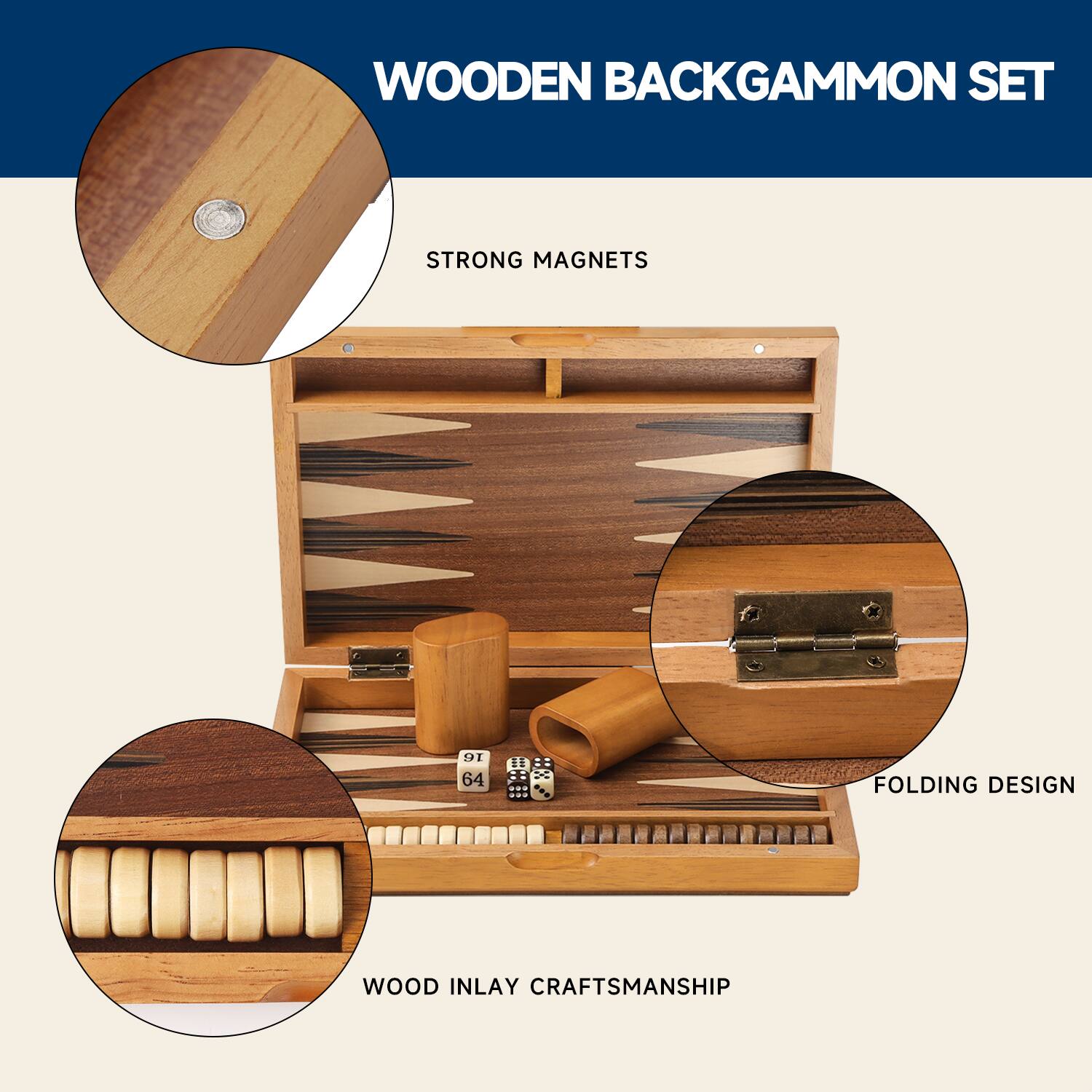 WOODEN BACKGAMMON SET, STRONG MAGNETS, FOLDING DESIGN, WOOD INLAY CRAFTSMANSHIP