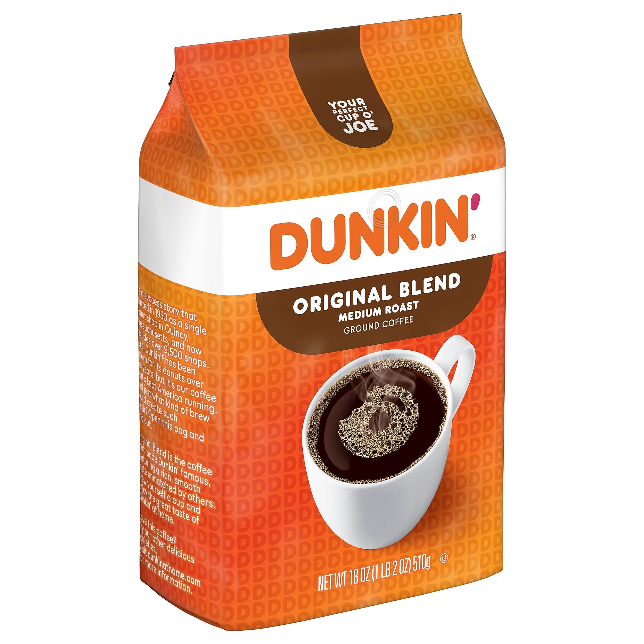 Your cup of joe. Dunkin' Original Blend Medium Roast Ground Coffee. A story that began in 1950, this single-origin coffee from Massachusetts. Quincy, and now has been served in over 9,500 shops. But donuts and coffee are what America runs on. Such brew this blend is, rich, smooth, and delicious. This coffee is a great cup of coffee. Net WT 18 OZ (1 LB 2 OZ) 510g. dunkinathome.com