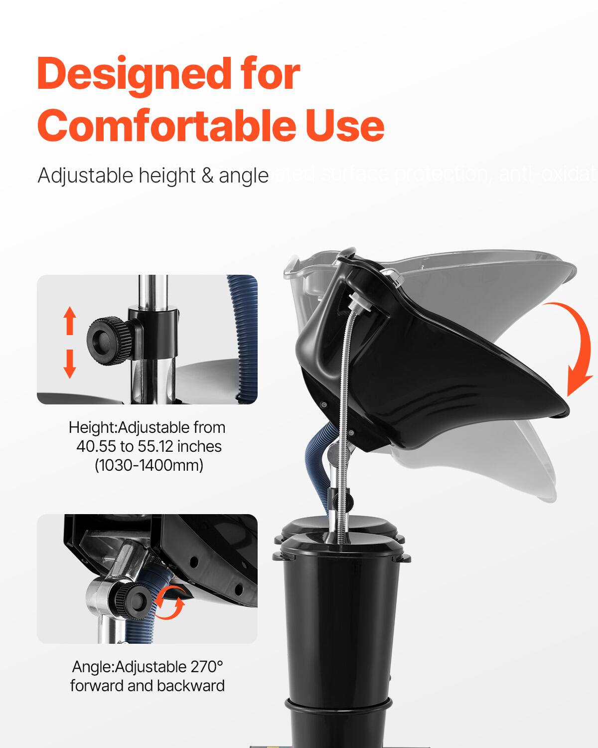 Designed for Comfortable Use

Adjustable height & angle

Height: Adjustable from 40.55 to 55.12 inches (1030-1400mm)

Angle: Adjustable 270° forward and backward