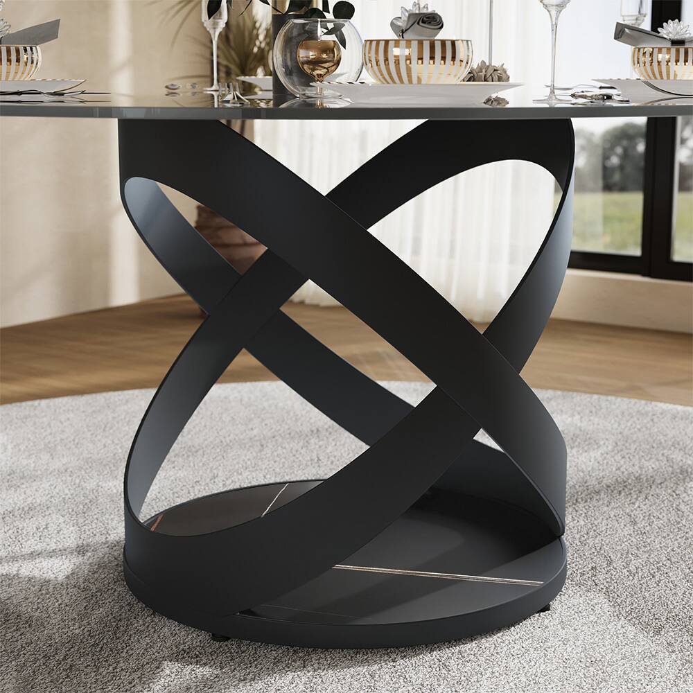 Alt View 2. POVISON - 51" Modern Glass Round Dining Table for 4, Clear Tempered Glass Circle Tabletop with Black X Carbon Steel Base - Clear Tempered Glasswith Black.