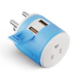 Orei - 3-in-1 India Plug Adapter (Type D) – 2 USB Ports + 1 Type B Input – Compact Travel Adapter - Blue